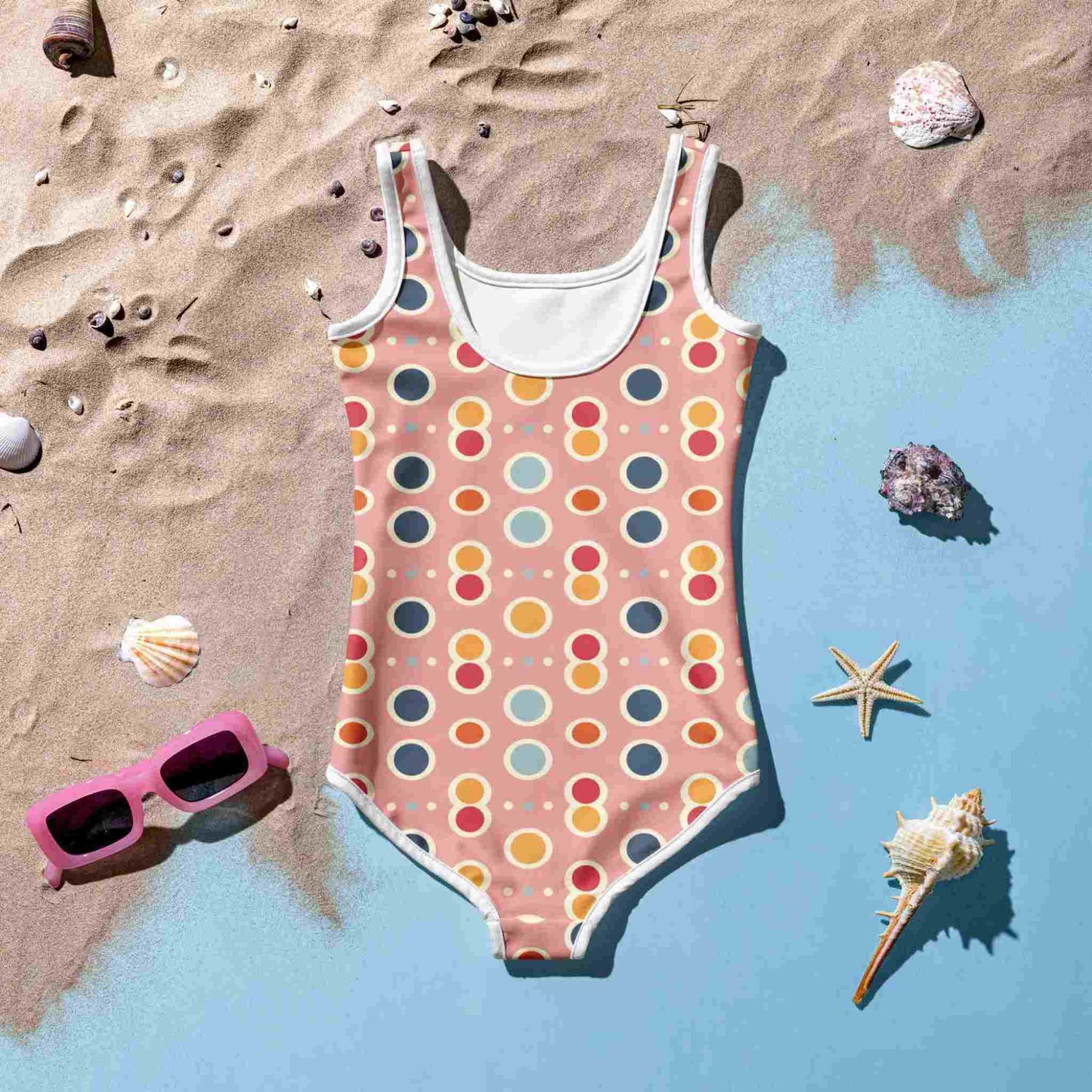 Flatlay of an adorable infant one piece swimsuit, which is also for kids, junior features a playful pattern of pastel pops and white outlines, rear side facing up, on a sandy light blue background, surrounded by sunglasses and sea shells.