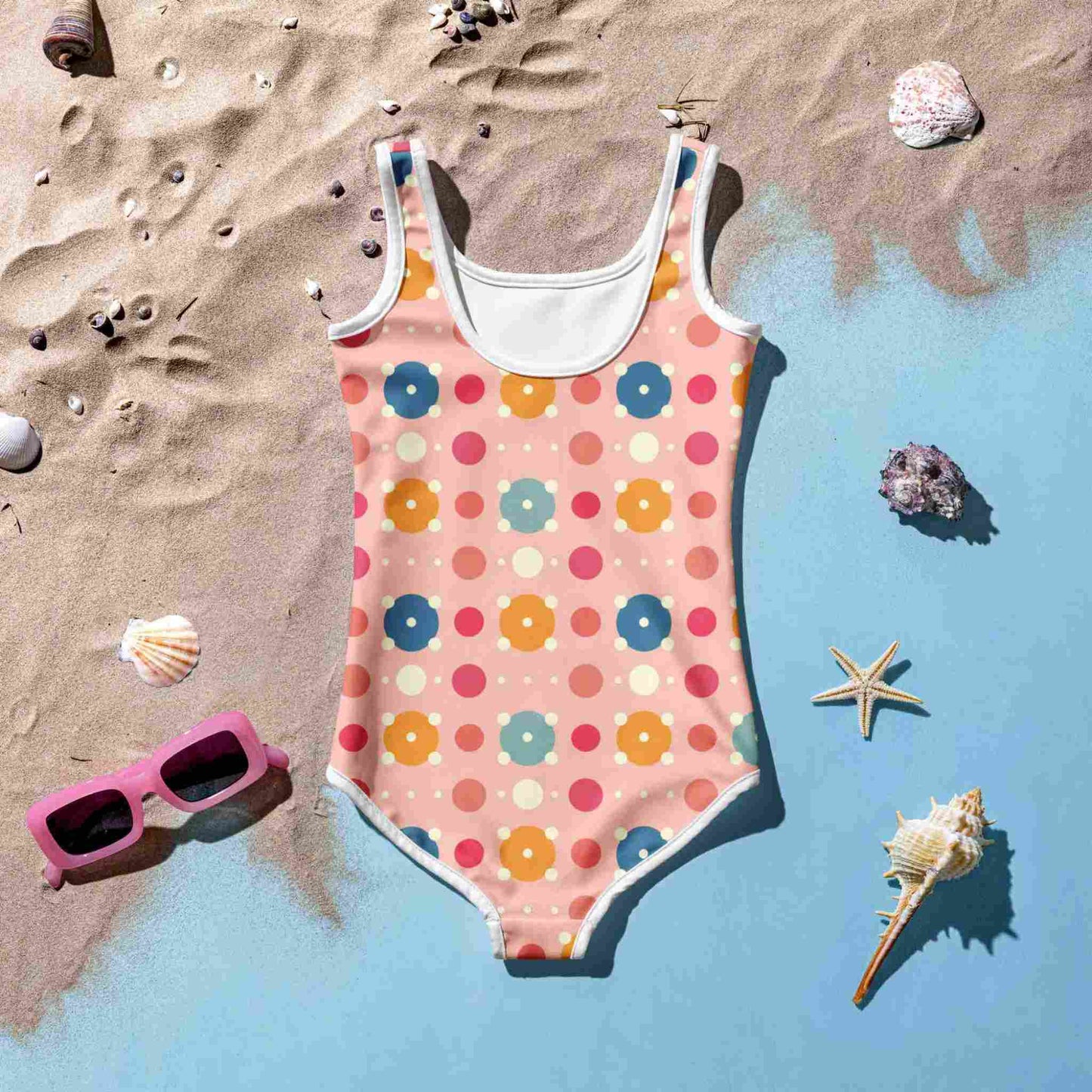 Flatlay of a cute infant swimsuit, suitable for kids in general, features a playful pattern of pastel and white circles on a pink background, rear side facing up, on a sandy light blue surface, surrounded by a sunglass and seashells.