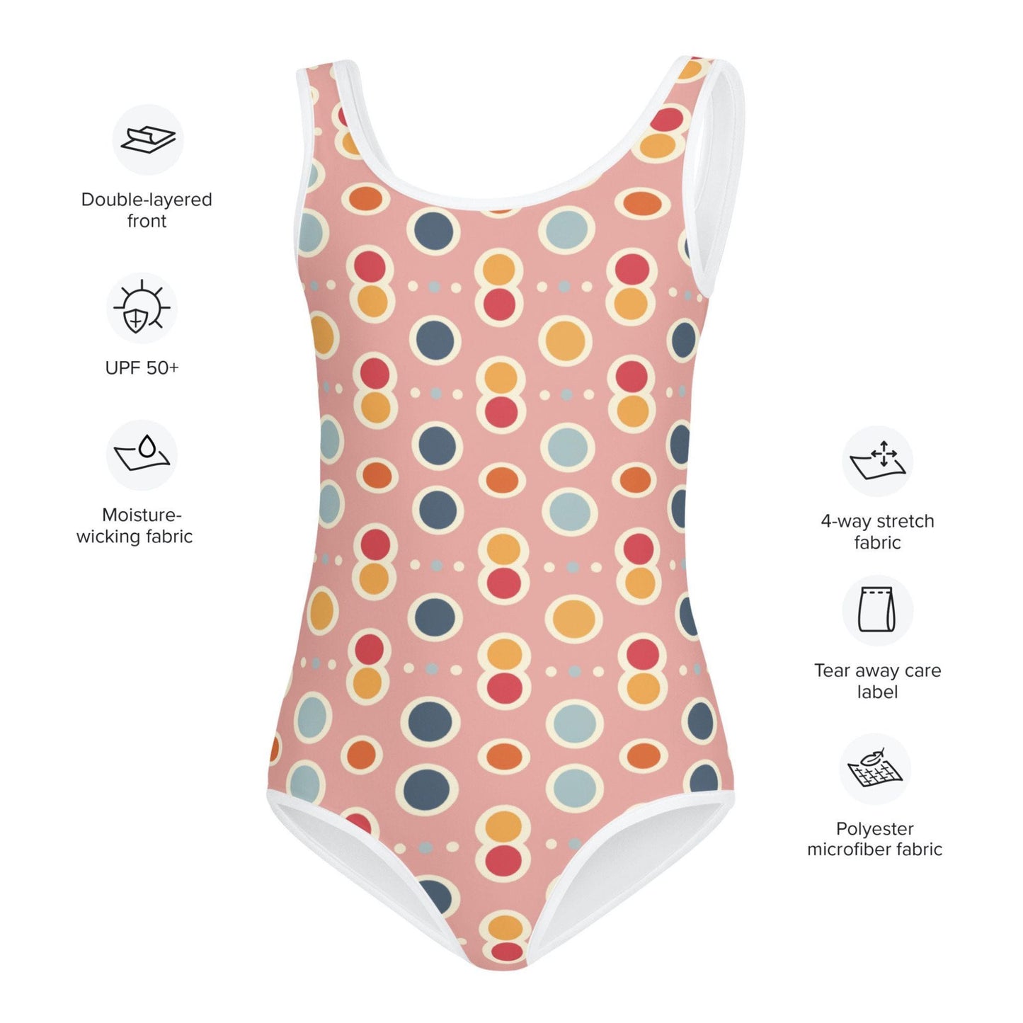The characteristics of the kids swimsuit, which is double-layered front, UPF 50+, moisture-wicking fabric, 4-way stretch fabric, tear away care label, polyester miicrofiber fabric.