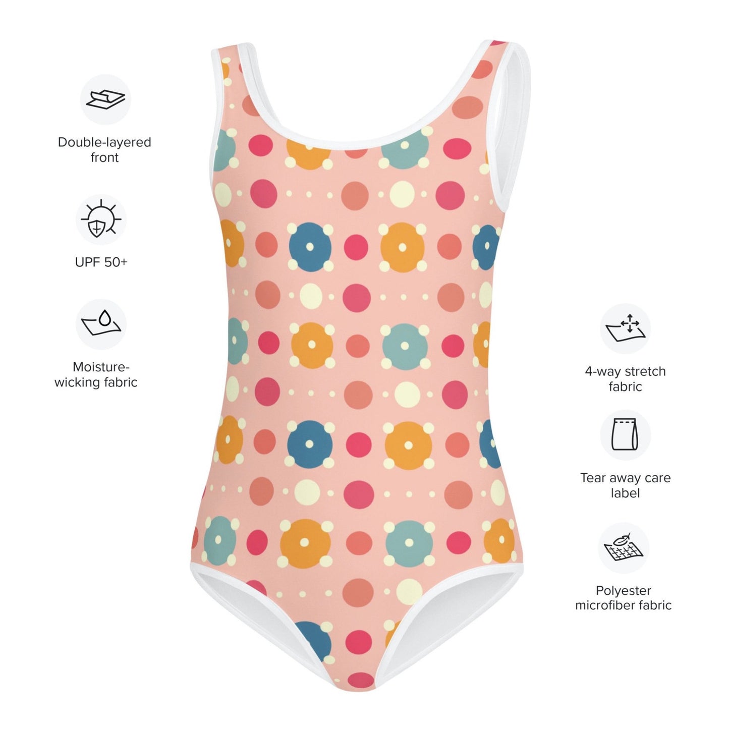The characteristics of the kids swimsuit, which is double-layered front, UPF 50+, moisture-wicking fabric, 4-way stretch fabric, tear away care label, polyester miicrofiber fabric.