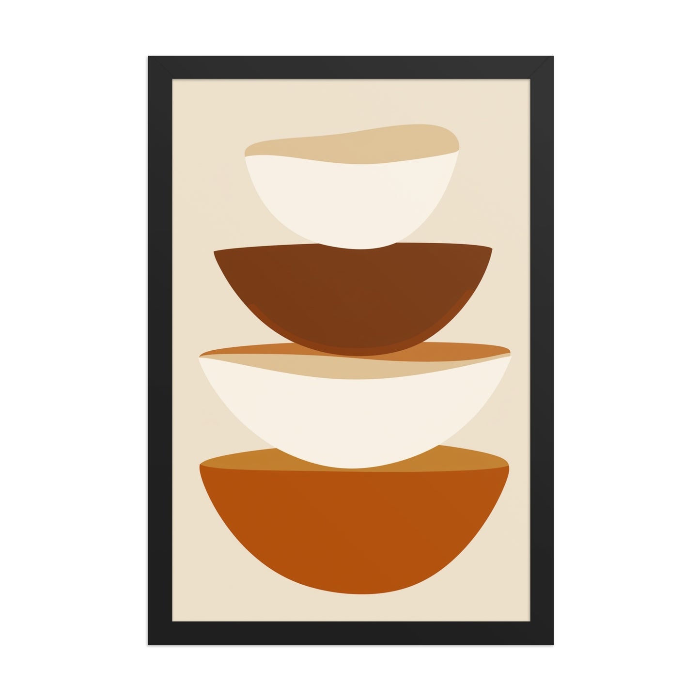 Abstract art form in framed poster, featuring stacked bowls in warm earthy tones on soft biege, its clean, contemporary, and slightly rustic aesthetic adds a touch of calm sophistication to your kitchen or dining area. 12x18 inches portrait dimension. Framed in wood in black color.