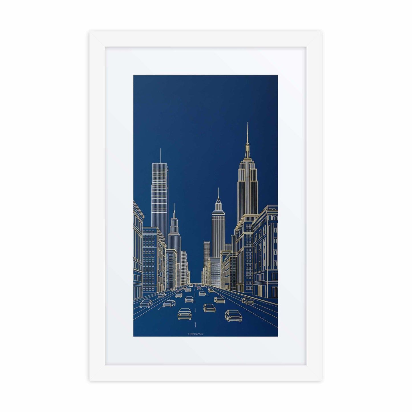 New York skyline line drawing in bold gold lines against a deep architectural blue, in a framed poster with mat. White frame. Dimension 12x18In portrait. White background.