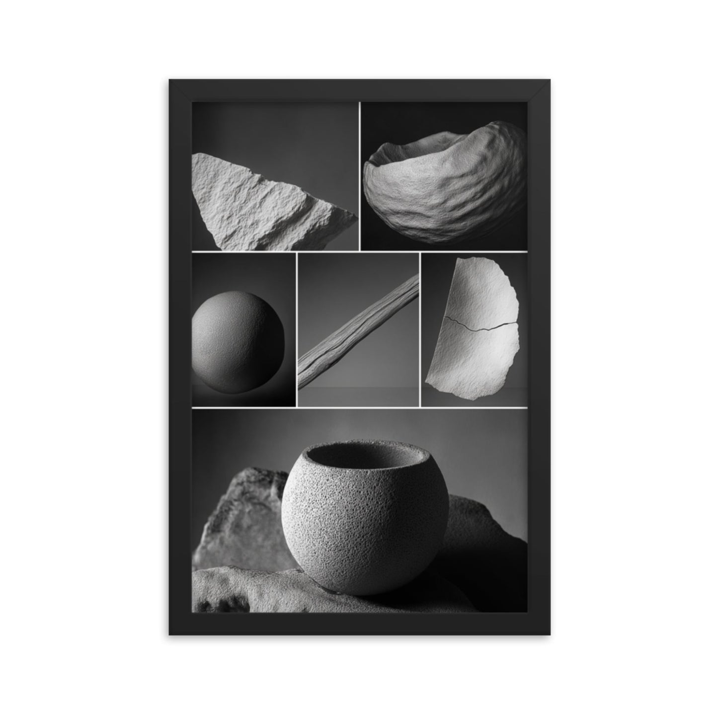 A black and white montage with a nature-inspired theme of natural elements, framed in elegant black. Dimension is 12x18 inches.