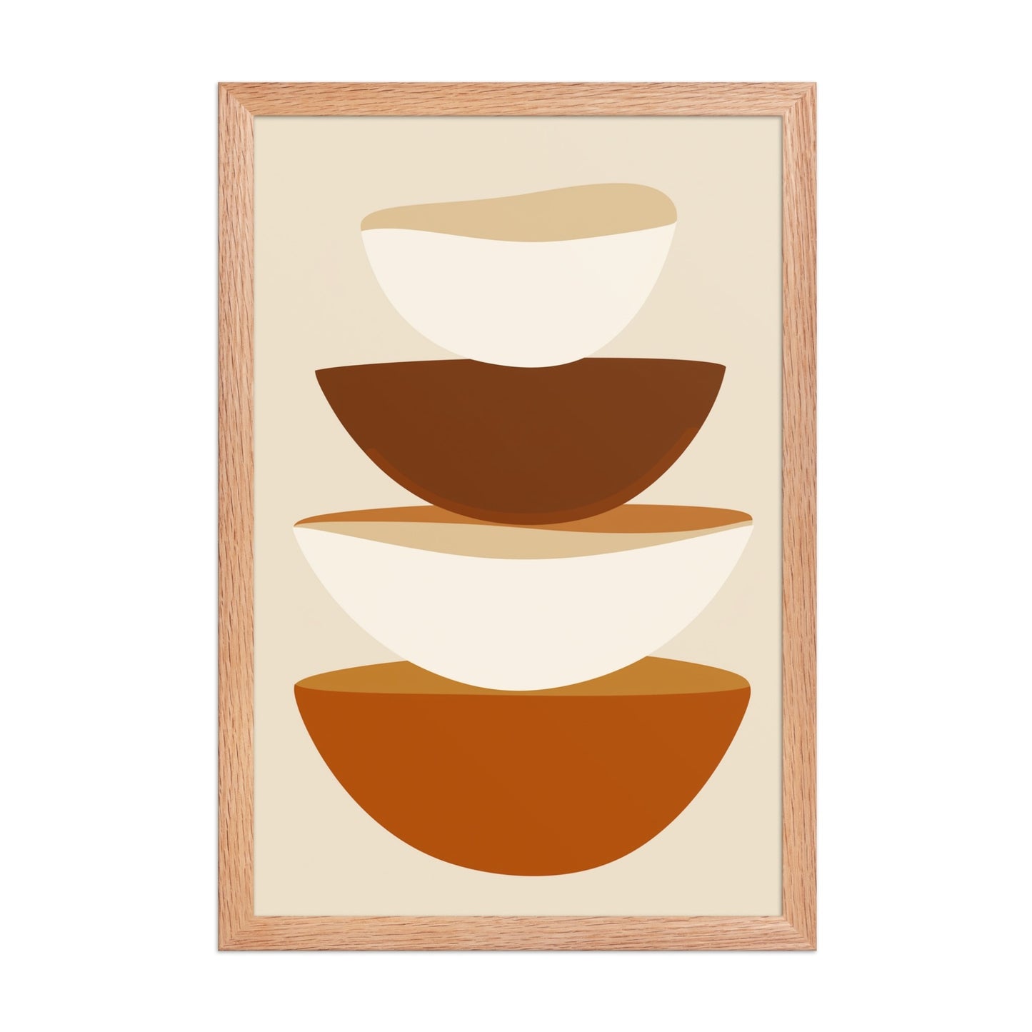 Abstract art form in framed poster, featuring stacked bowls in warm earthy tones on soft biege, its clean, contemporary, and slightly rustic aesthetic adds a touch of calm sophistication to your kitchen or dining area. 12x18 inches portrait dimension. Framed in wood in red oak color.