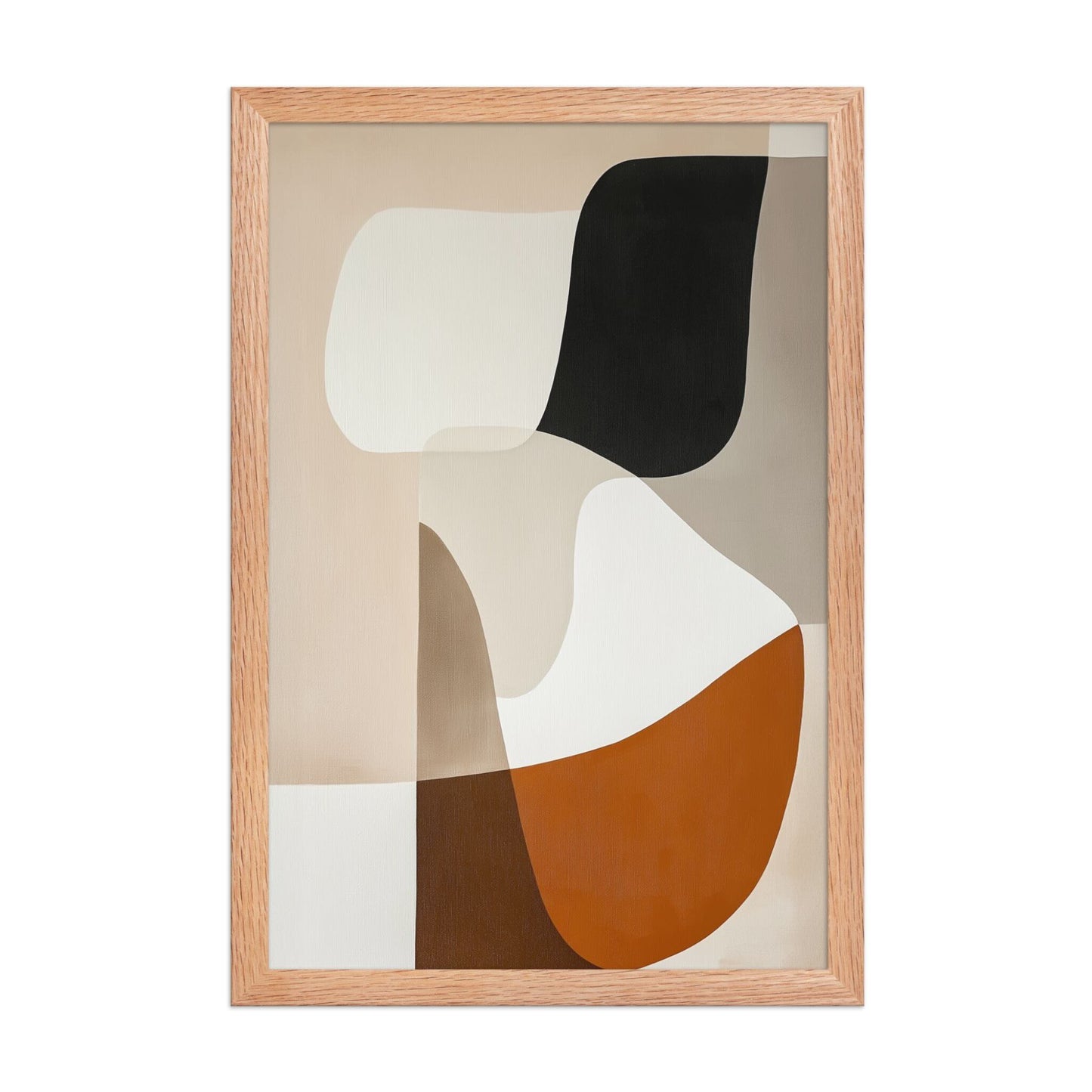 Discover "ORVAN," a sophisticated framed poster featuring elegant, organic abstract art in warm neutrals. Beige, cream, taupe, terracotta, rust, and black blend with smooth transitions, creating calming yet visually captivating piece. 12x18 inches portrait dimension. Framed in wood in red oak color. White background.