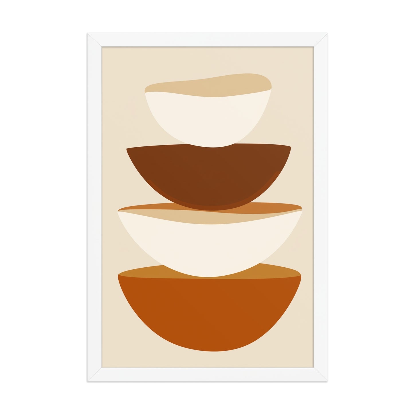 Abstract art form in framed poster, featuring stacked bowls in warm earthy tones on soft biege, its clean, contemporary, and slightly rustic aesthetic adds a touch of calm sophistication to your kitchen or dining area. 12x18 inches portrait dimension. Framed in wood in white color.