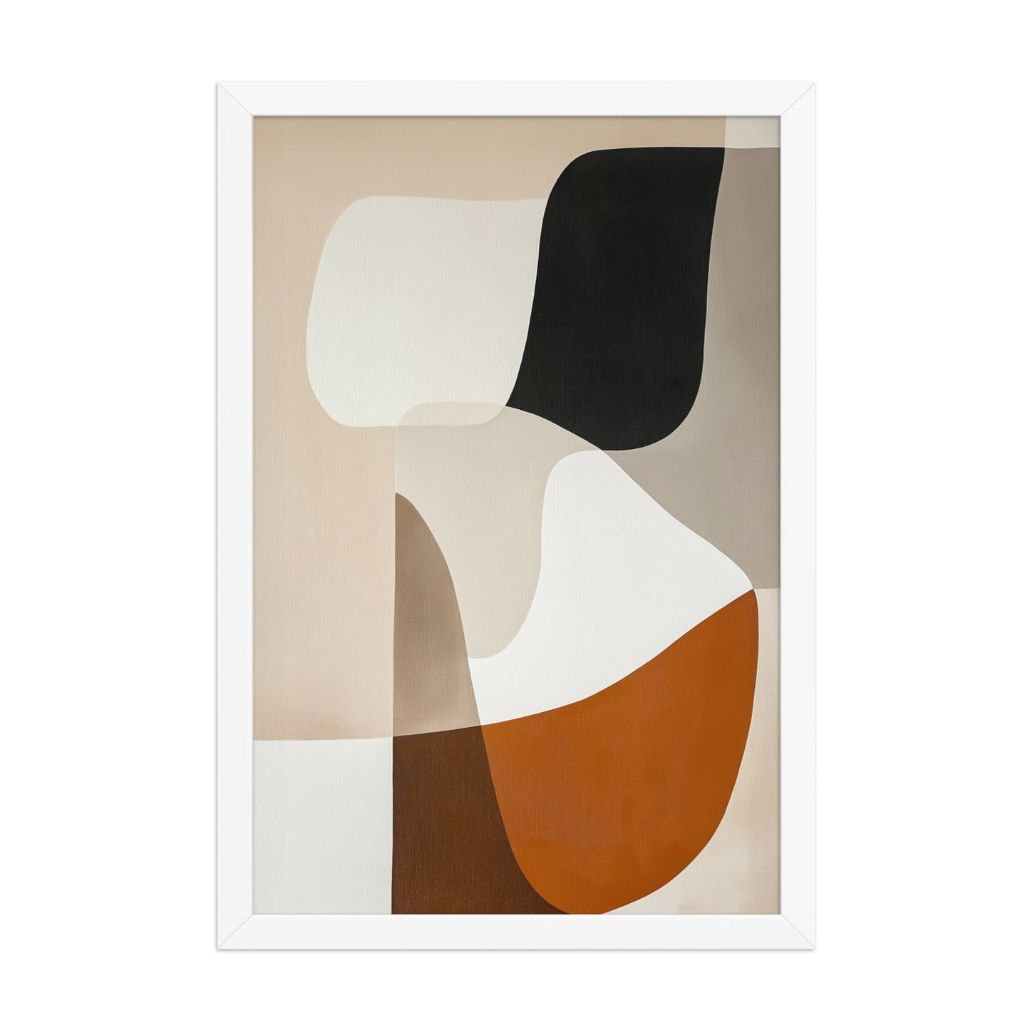 Discover "ORVAN," a sophisticated framed poster featuring elegant, organic abstract art in warm neutrals. Beige, cream, taupe, terracotta, rust, and black blend with smooth transitions, creating calming yet visually captivating piece. 12x18 inches portrait dimension. Framed in wood in white color. White background.