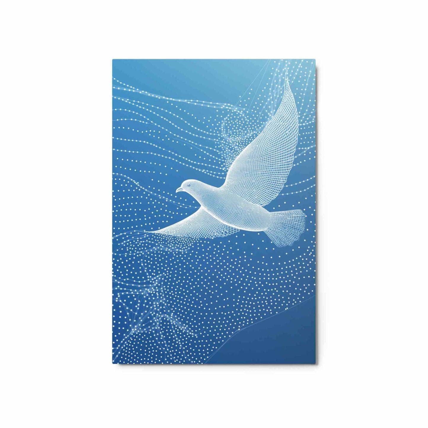 Discover the ethereal beauty of "LUMIRET.DOVE," a stunning metal print featuring an ab/stract white dove in graceful wireframe flight against a serene gradient blue sky. Flowing white lines and dots evoke constellations and motion, creating a modern, peaceful, and sophisticated piece. Elevate your space with this unique blend of nature and digital artistry. The metal print hangs on a blue wall in a study. 20x30 inches portrait dimension. White background.