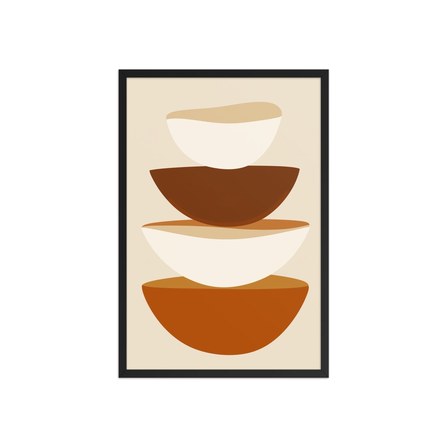 Abstract art form in framed poster, featuring stacked bowls in warm earthy tones on soft biege, its clean, contemporary, and slightly rustic aesthetic adds a touch of calm sophistication to your kitchen or dining area. 20x30 inches portrait dimension. Framed in wood in black color.