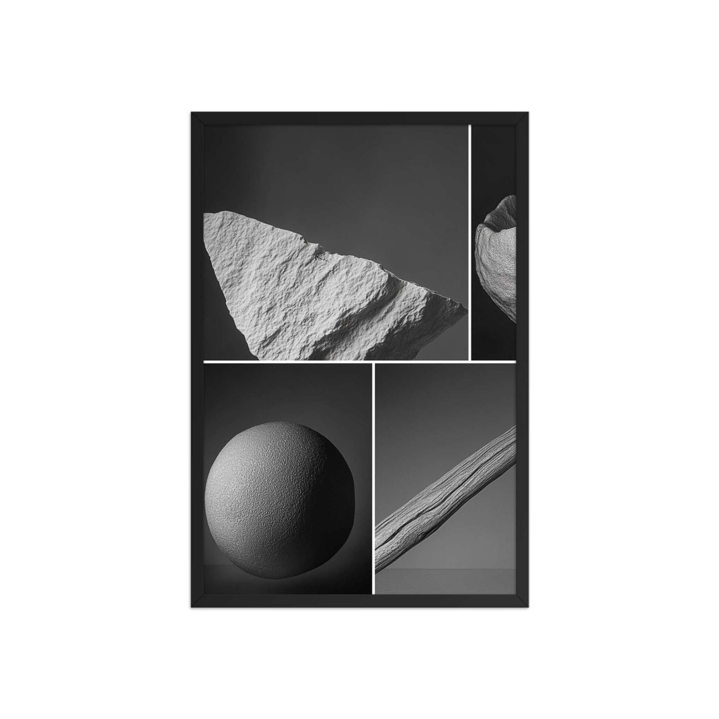 A black and white montage with a nature-inspired theme of natural elements, framed in elegant black. Dimension is 20x30 inches.
