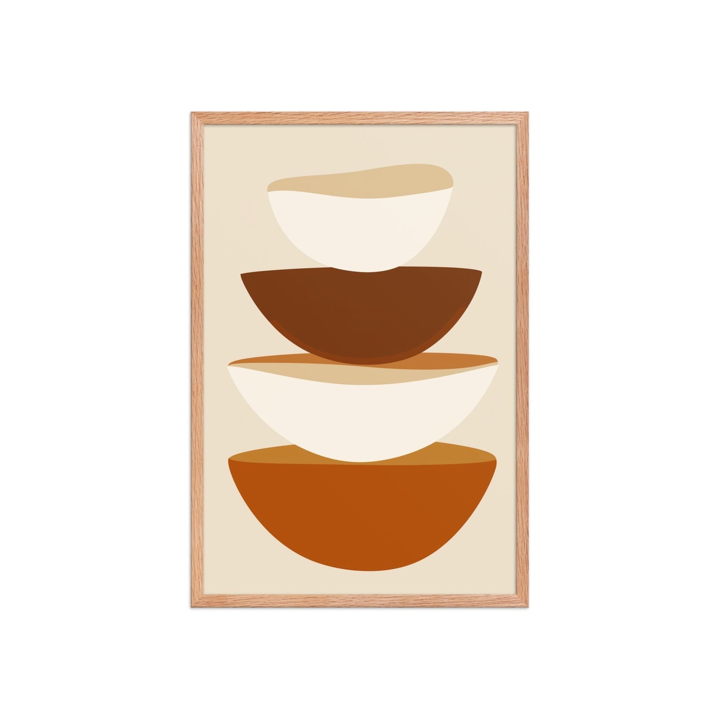 Abstract art form in framed poster, featuring stacked bowls in warm earthy tones on soft biege, its clean, contemporary, and slightly rustic aesthetic adds a touch of calm sophistication to your kitchen or dining area. 20x30 inches portrait dimension. Framed in wood in red oak color.