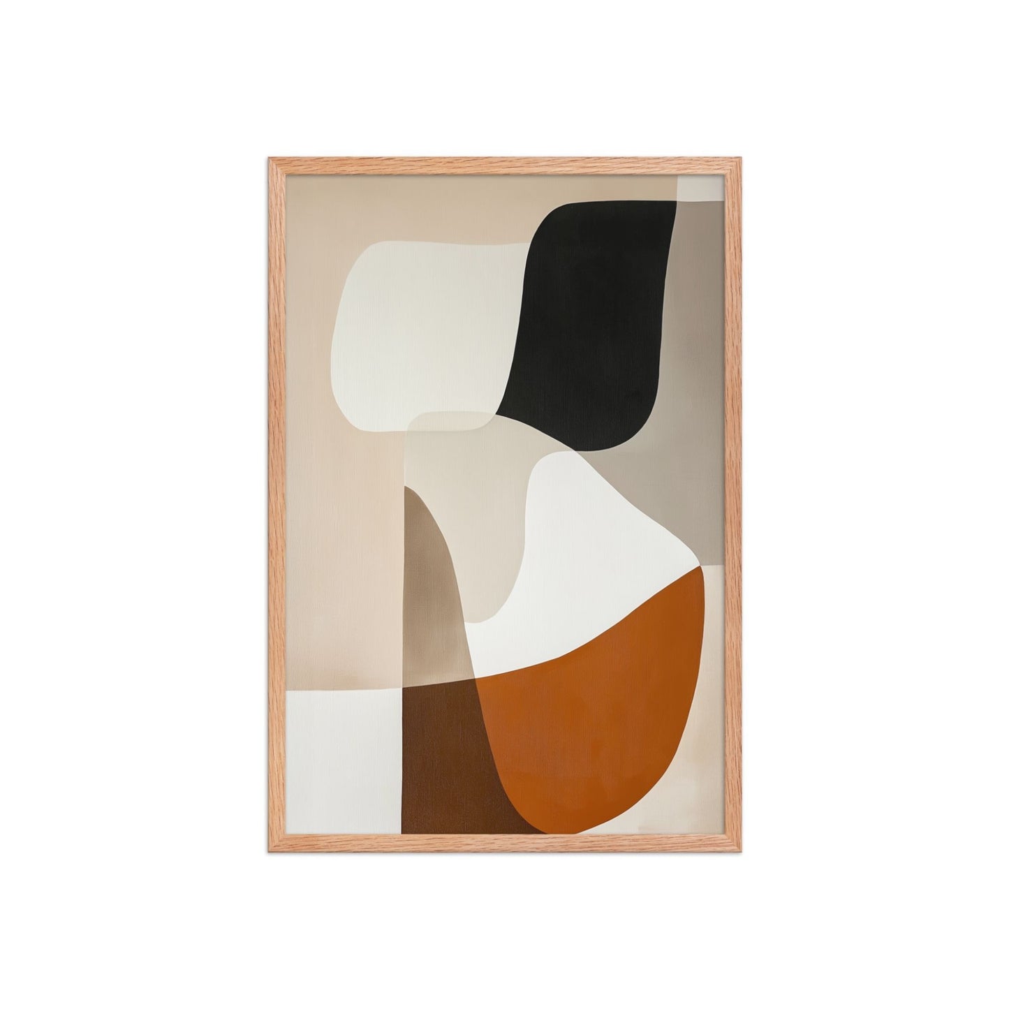 Discover "ORVAN," a sophisticated framed poster featuring elegant, organic abstract art in warm neutrals. Beige, cream, taupe, terracotta, rust, and black blend with smooth transitions, creating calming yet visually captivating piece. 20x30 inches portrait dimension. Framed in wood in red oak color. White background.