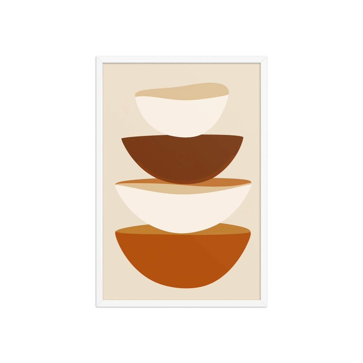 Abstract art form in framed poster, featuring stacked bowls in warm earthy tones on soft biege, its clean, contemporary, and slightly rustic aesthetic adds a touch of calm sophistication to your kitchen or dining area. 20x30 inches portrait dimension. Framed in wood in white color.