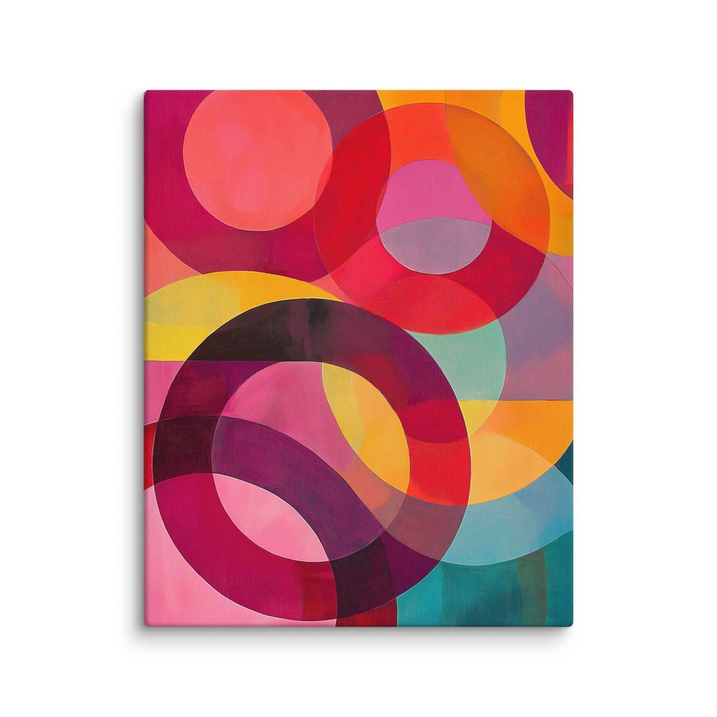 A captivating circular abstract painting featuring vivid reds, pinks, oranges, teal and gold, in 24x30 inches dimension.