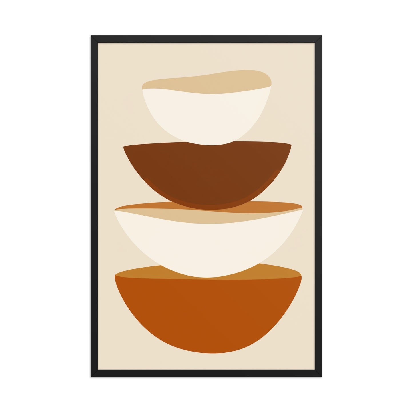 Abstract art form in framed poster, featuring stacked bowls in warm earthy tones on soft biege, its clean, contemporary, and slightly rustic aesthetic adds a touch of calm sophistication to your kitchen or dining area. 24x36 inches portrait dimension. Framed in wood in black color.