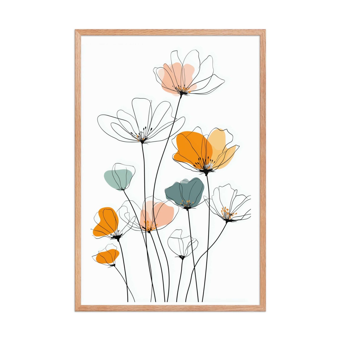 A stunning minimalist Line drawing flowers art print. Delicate black lines meet soft, abstract watercolors in peach, orange. Red oak frame. Dimension 24x36In portrait. White background.