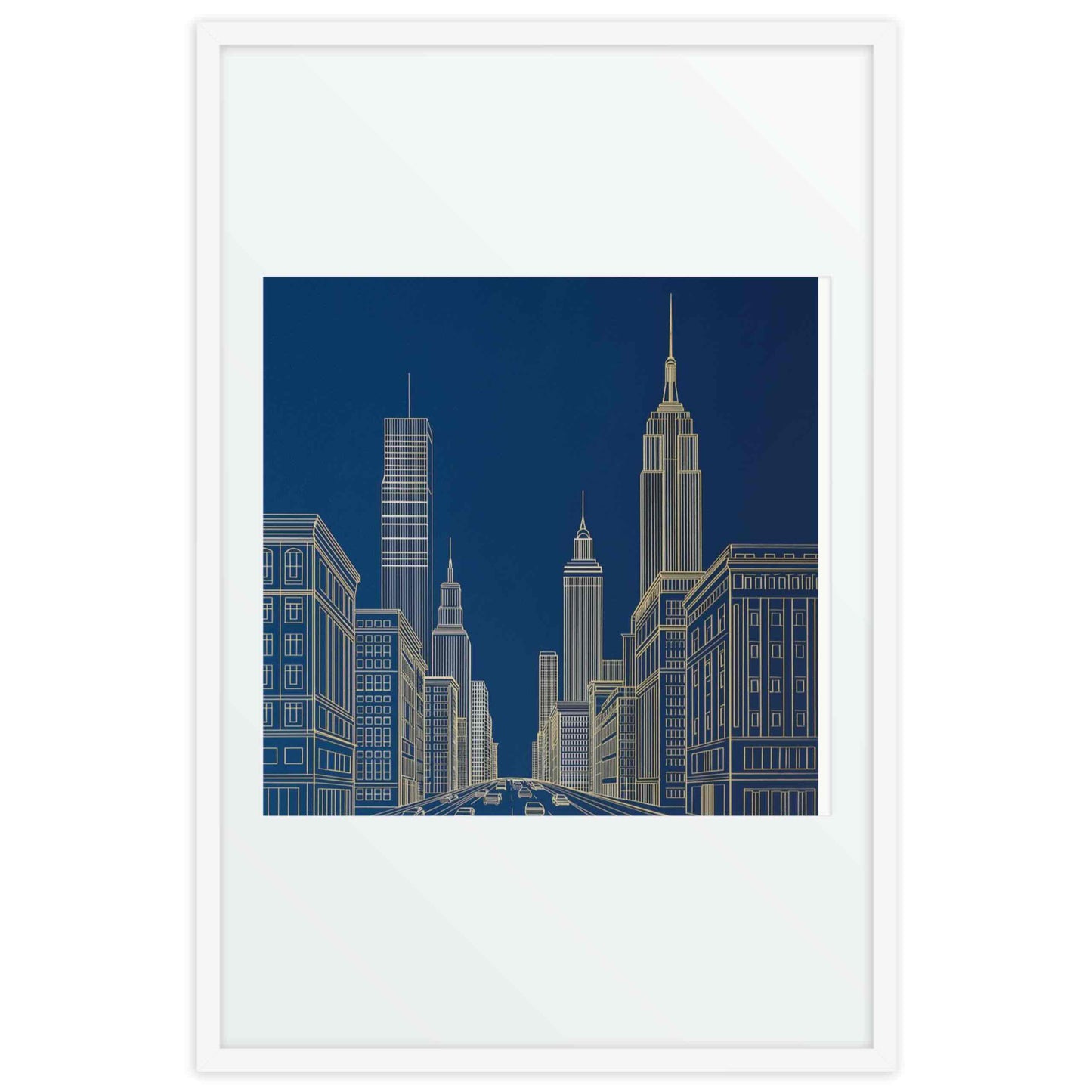 New York skyline line drawing in bold gold lines against a deep architectural blue, in a framed poster with mat. White frame. Dimension 24x36In portrait. White background.