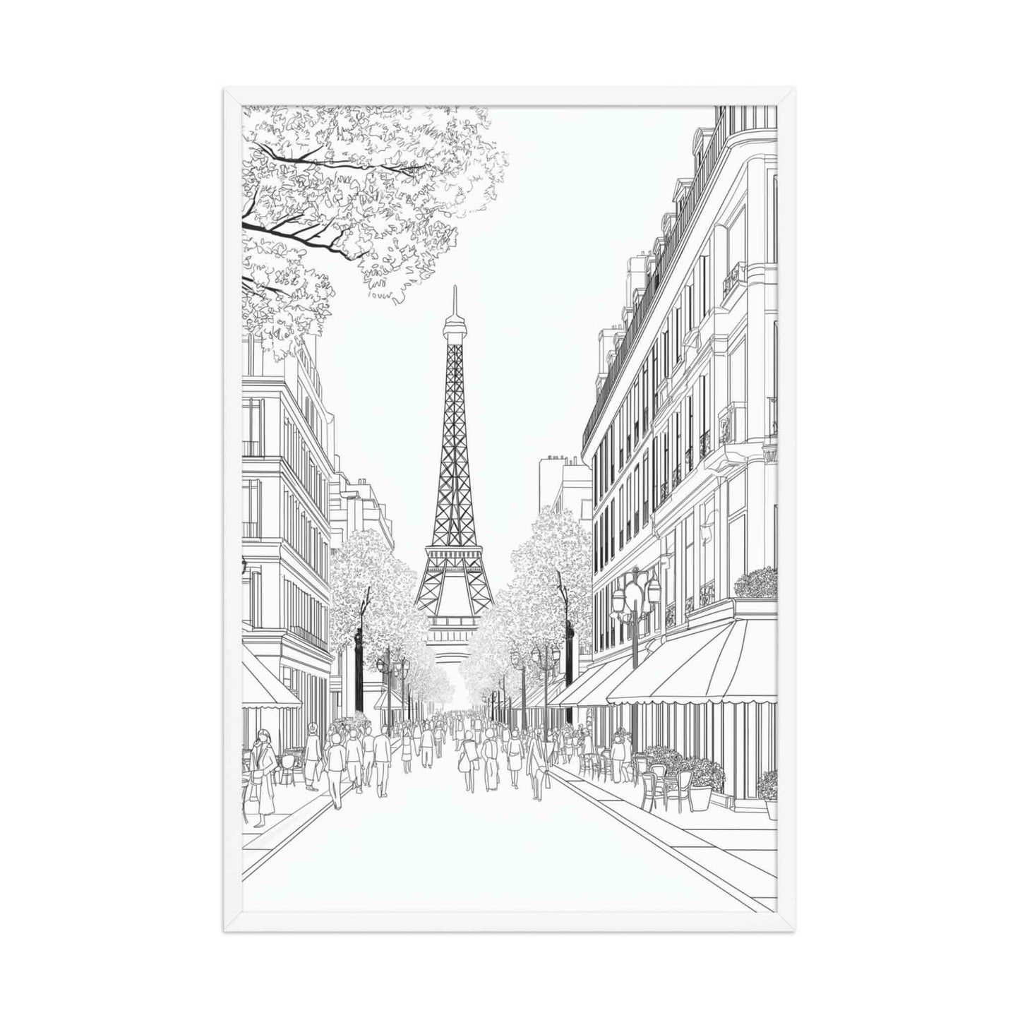 This Paris street drawing framed poster captures the iconic elegance of a French boulevard, in delicate black and white line art. White frame. Dimensions 24x36in portrait. White background.