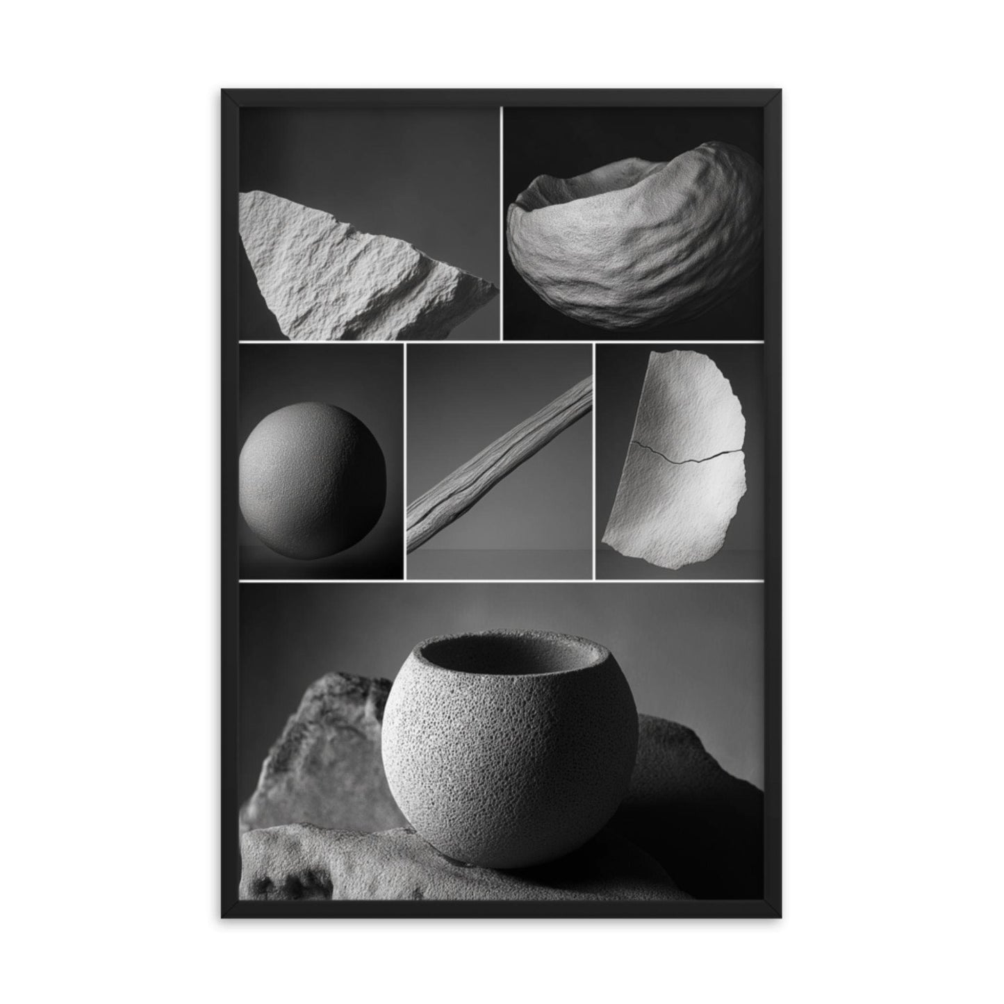 A black and white montage with a nature-inspired theme of natural elements, framed in elegant black. Dimension is 24x36 inches.