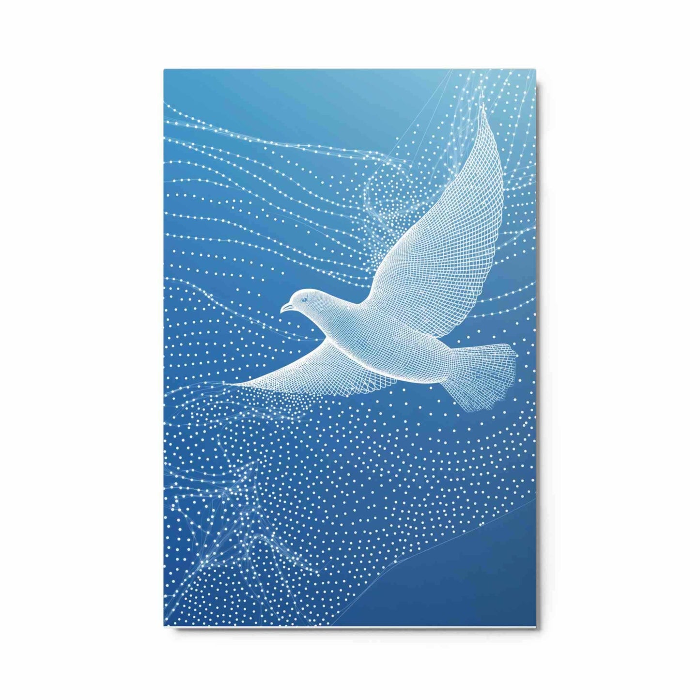 Discover the ethereal beauty of "LUMIRET.DOVE," a stunning metal print featuring an ab/stract white dove in graceful wireframe flight against a serene gradient blue sky. Flowing white lines and dots evoke constellations and motion, creating a modern, peaceful, and sophisticated piece. Elevate your space with this unique blend of nature and digital artistry. The metal print hangs on a blue wall in a study. 24x36 inches portrait dimension. White background.