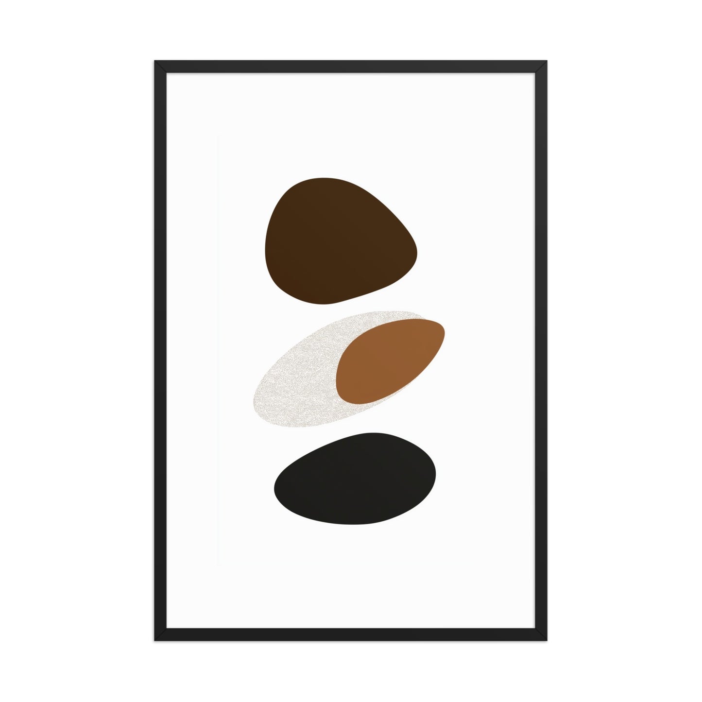 Framed abstract art organic form in a blend of modern minimalism and organic shapes in neutral colors. 24x36 inches portrait dimension. Framed in black wood.