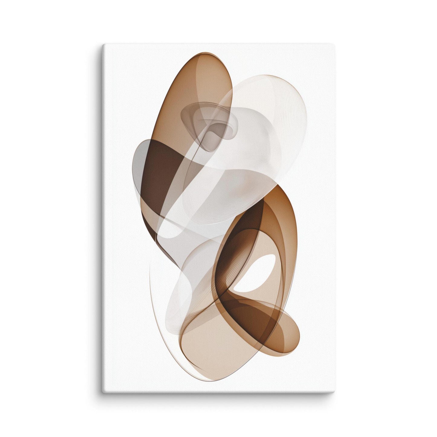 Explore "ORYA," an avant garde large abstract canvas print featuring graceful, layered ribbons in warm earthy tones. This elegant artwork blends movement and stillness, adding depth and sophistication to any space. 24x36 inch portrait dimension. White background.