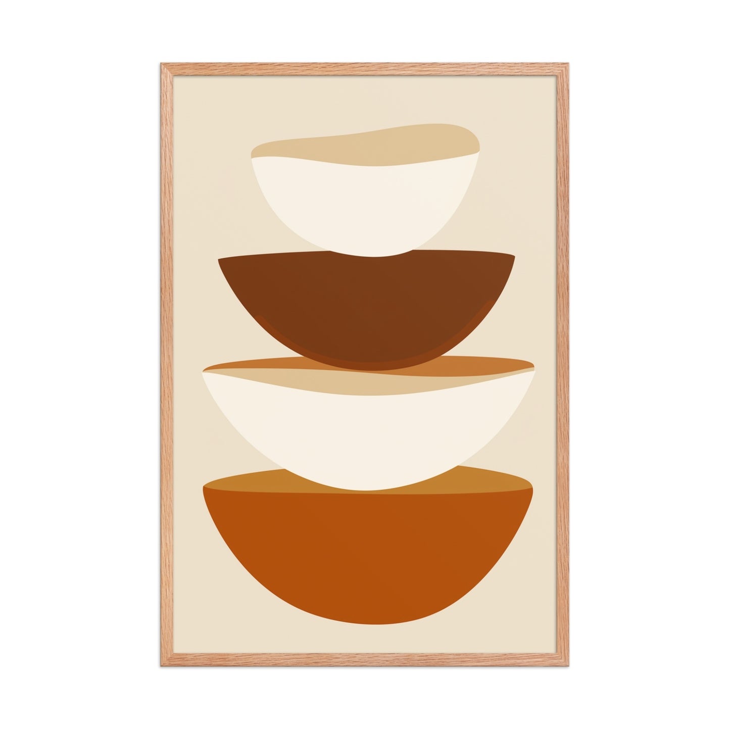 Abstract art form in framed poster, featuring stacked bowls in warm earthy tones on soft biege, its clean, contemporary, and slightly rustic aesthetic adds a touch of calm sophistication to your kitchen or dining area. 24x36 inches portrait dimension. Framed in wood in red oak color.