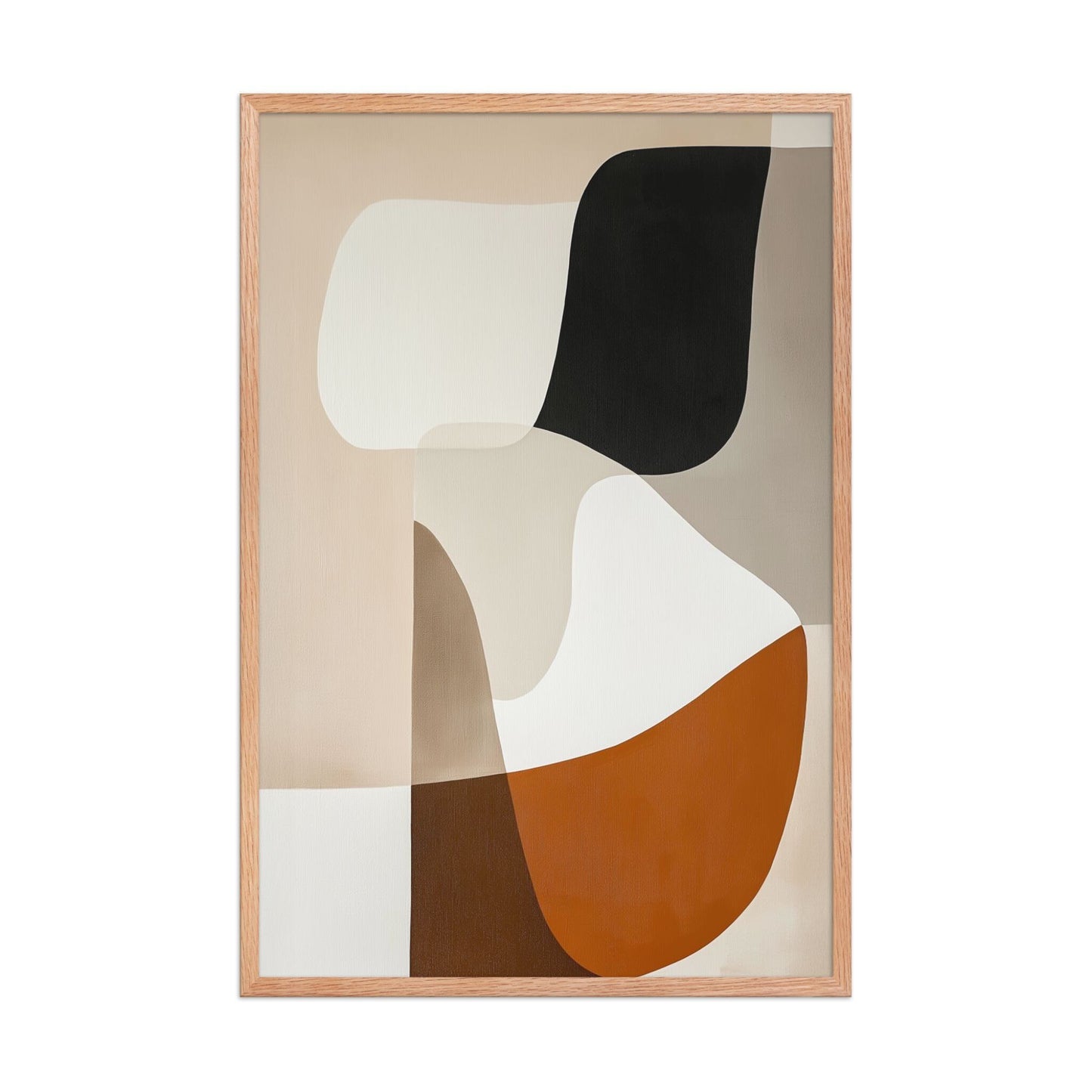 Discover "ORVAN," a sophisticated framed poster featuring elegant, organic abstract art in warm neutrals. Beige, cream, taupe, terracotta, rust, and black blend with smooth transitions, creating calming yet visually captivating piece. 24x36 inches portrait dimension. Framed in wood in red oak color. White background.