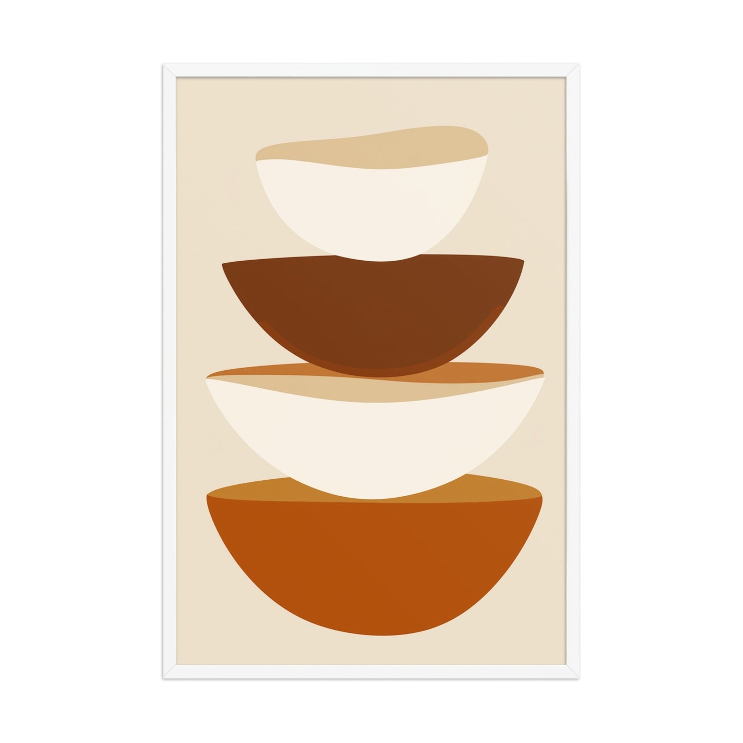 Abstract art form in framed poster, featuring stacked bowls in warm earthy tones on soft biege, its clean, contemporary, and slightly rustic aesthetic adds a touch of calm sophistication to your kitchen or dining area. 24x36 inches portrait dimension. Framed in wood in white color.