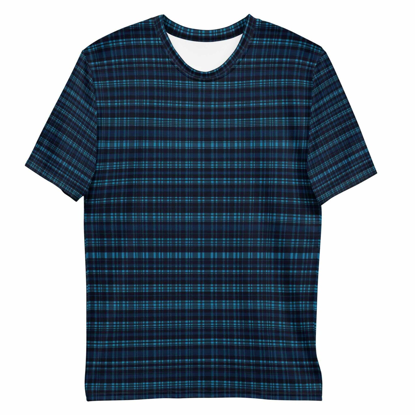 Flat lay of the front of a plaid dark blue all-over-print tshirt, in a plaid design that blends modern structure with timeless charm, offering a sophisticated yet versatile look.