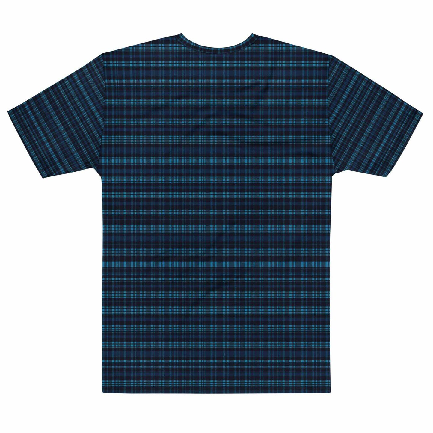 Flat lay of the back of a plaid dark blue all-over-print tshirt, in a plaid design that blends modern structure with timeless charm, offering a sophisticated yet versatile look.