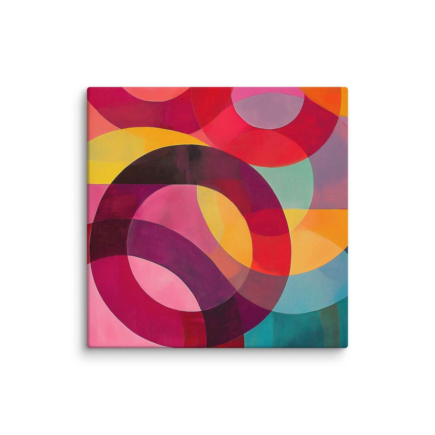 A captivating circular abstract painting featuring vivid reds, pinks, oranges, teal and gold, in 26x26 inches dimension.