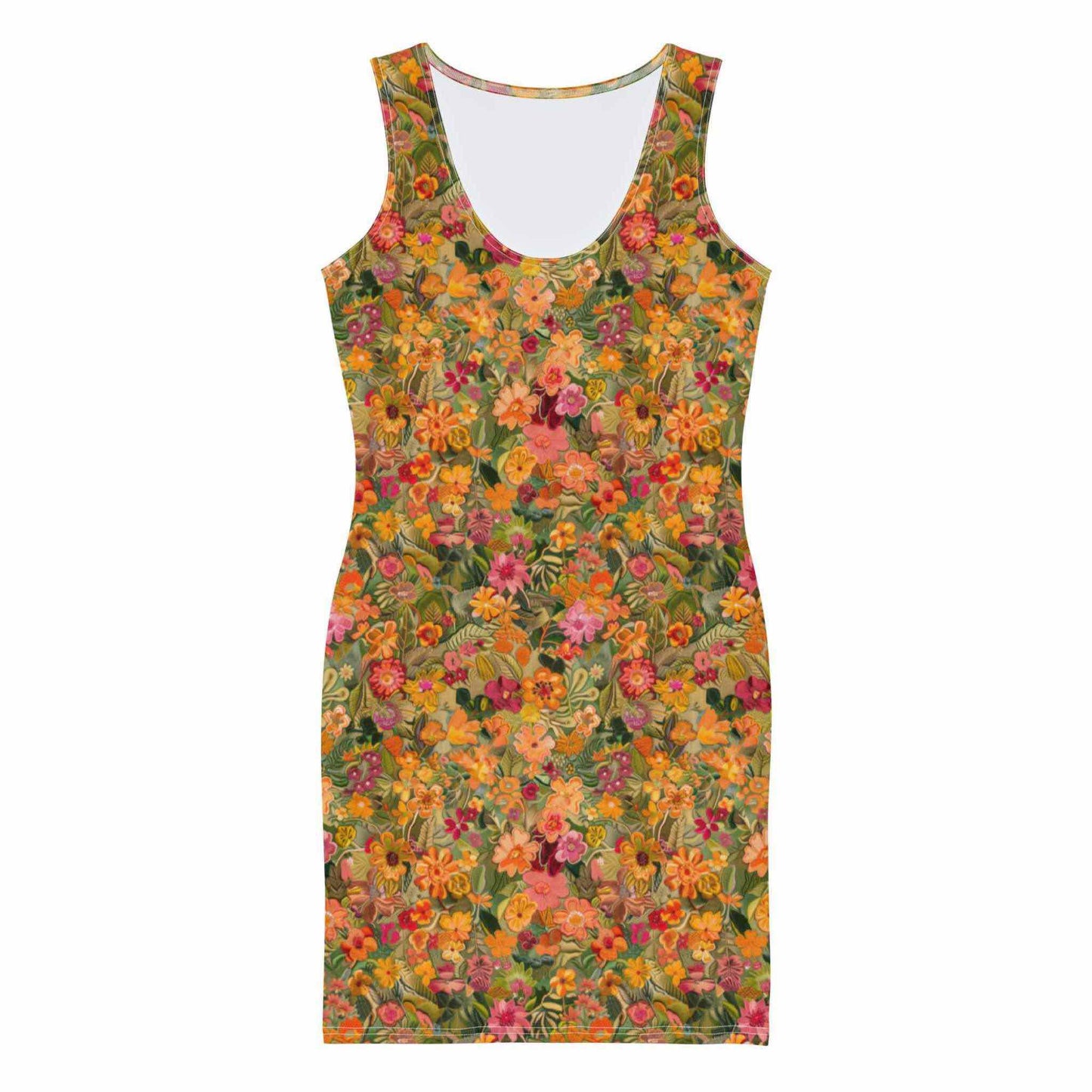 Flatlay of the front of a sleeveless bodycon dress which features an anstract floral design in primarily orange shade.