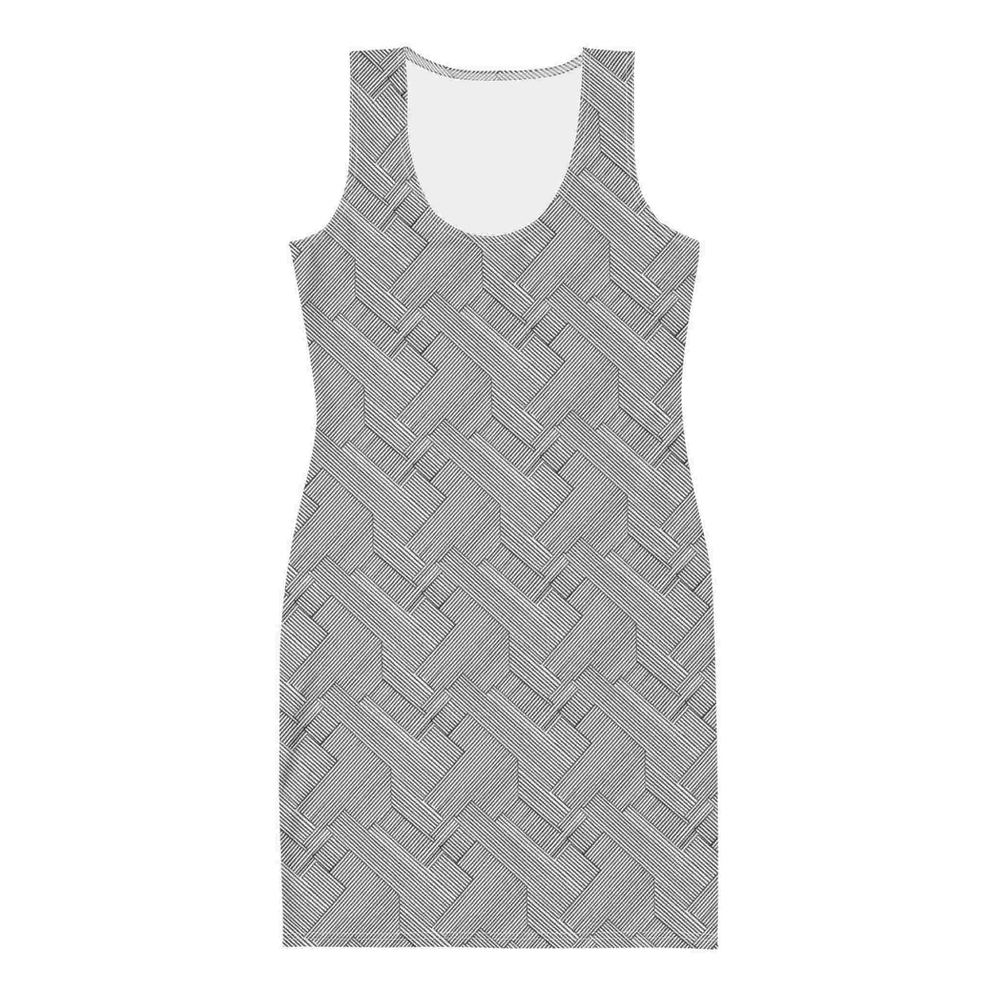 A flatlay of the front of a grey bodycon dress which features an elegant grey herringbone pattern