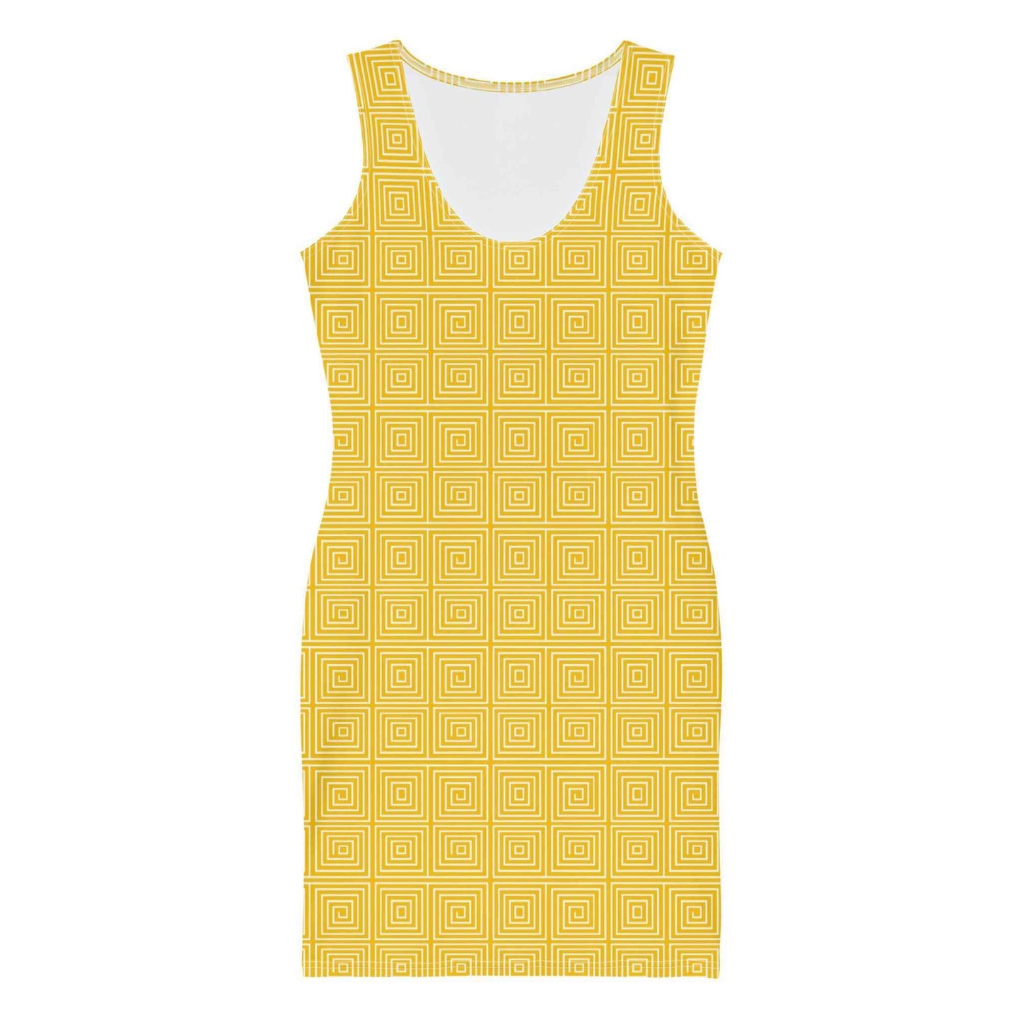 A flatlay of the front of a yellow and white bodycon dress which features an elegant and artsy yellow and white op art illusion pattern.
