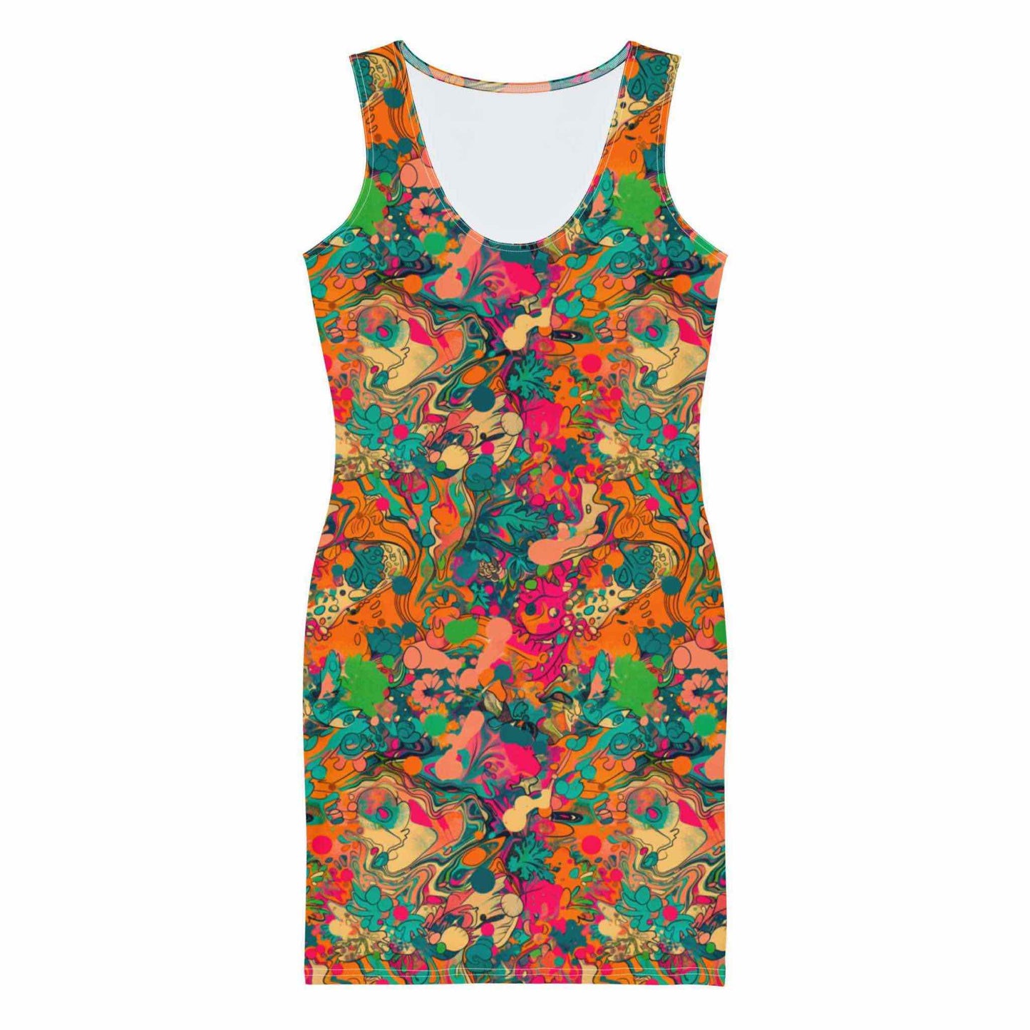 Flatlay of the front of a sleeveless tropical floral bodycon dress.