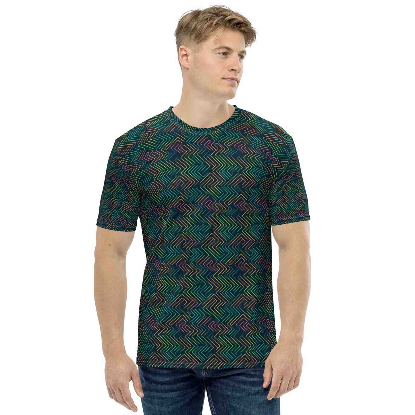 Cool T shirt design featuring a dark green neon pattern, which is geekish yet athletic and confident, worn by a man standing with his head tilted to his left. White background.