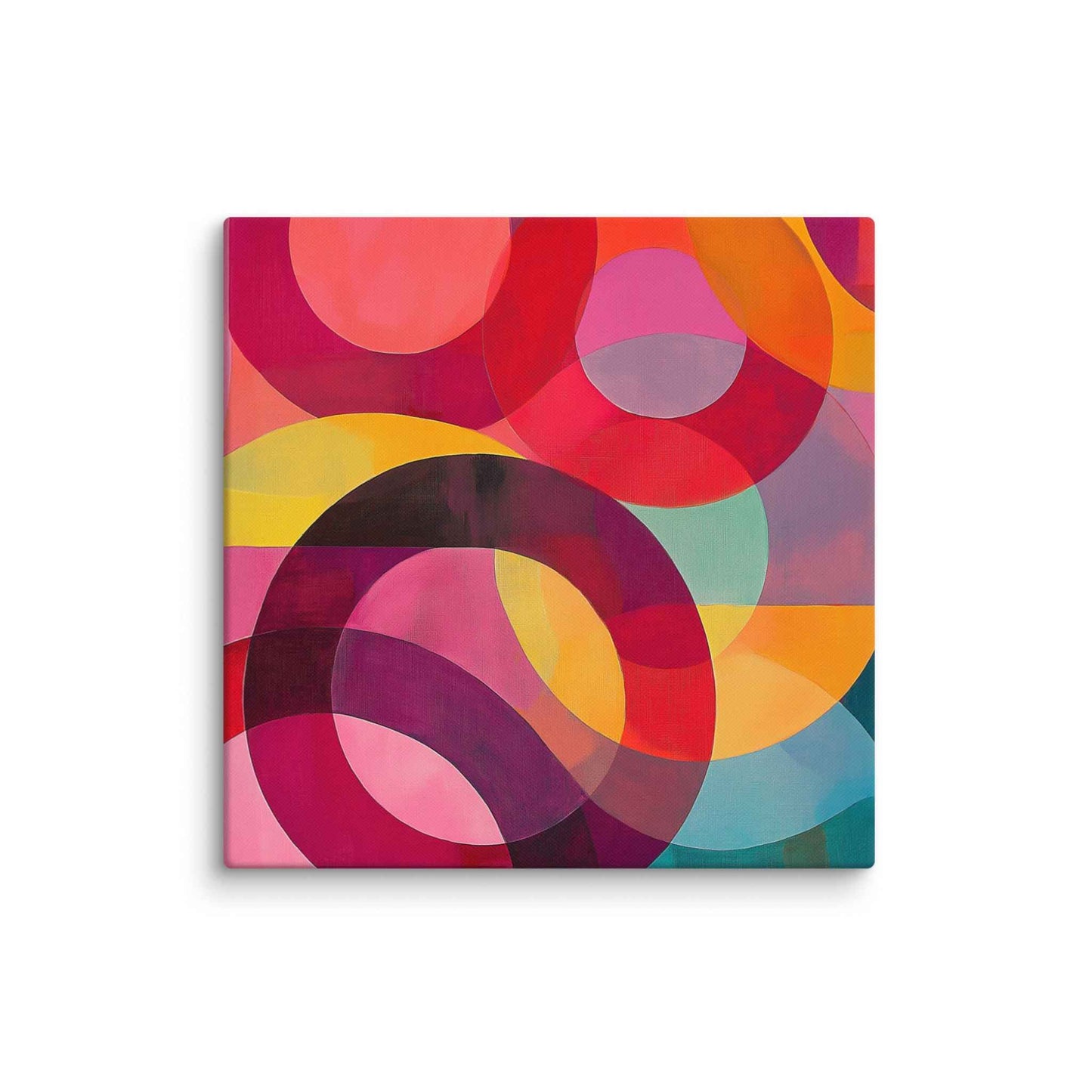 A captivating circular abstract painting featuring vivid reds, pinks, oranges, teal and gold, in 30x30 inches dimension.