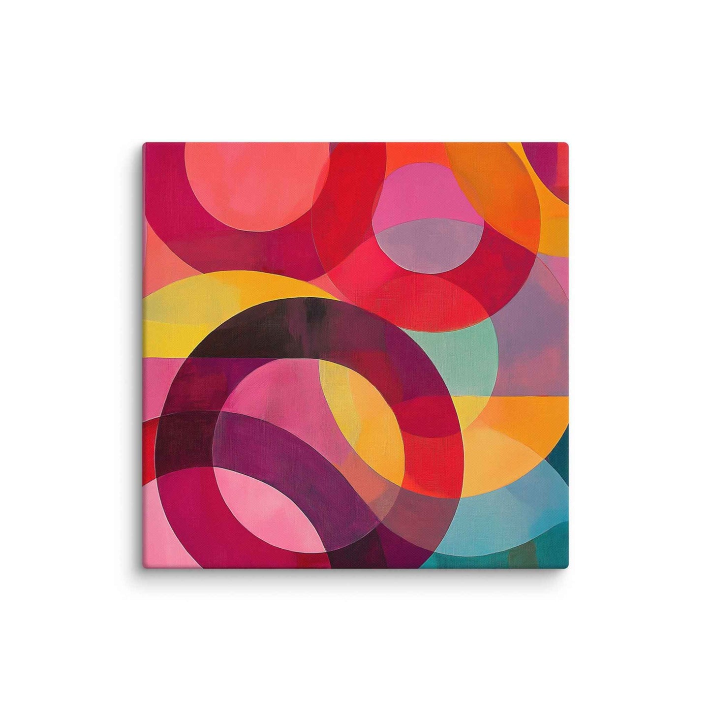 A captivating circular abstract painting featuring vivid reds, pinks, oranges, teal and gold, in 32x32 inches dimension.