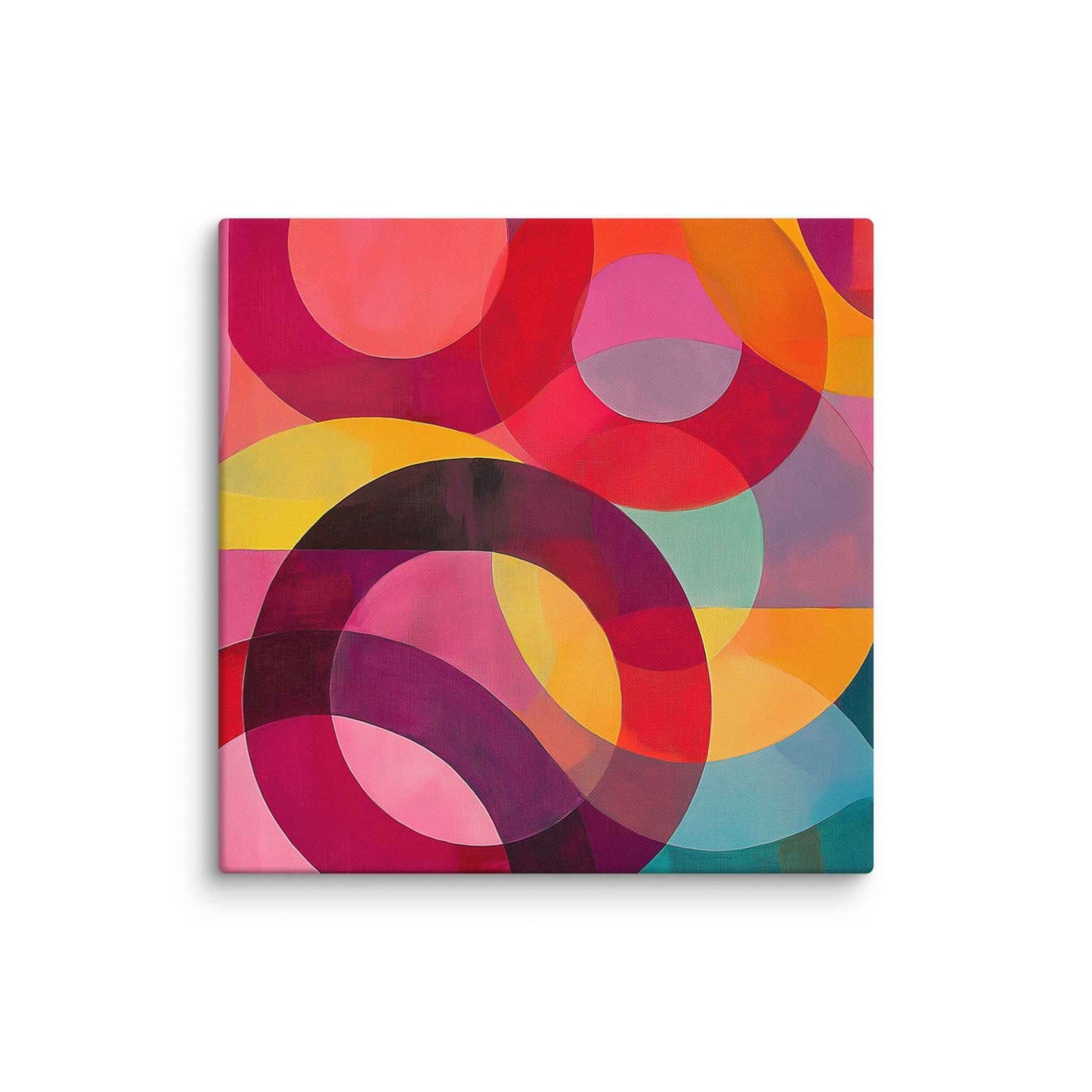 A captivating circular abstract painting featuring vivid reds, pinks, oranges, teal and gold, in 37x37 inches dimension.
