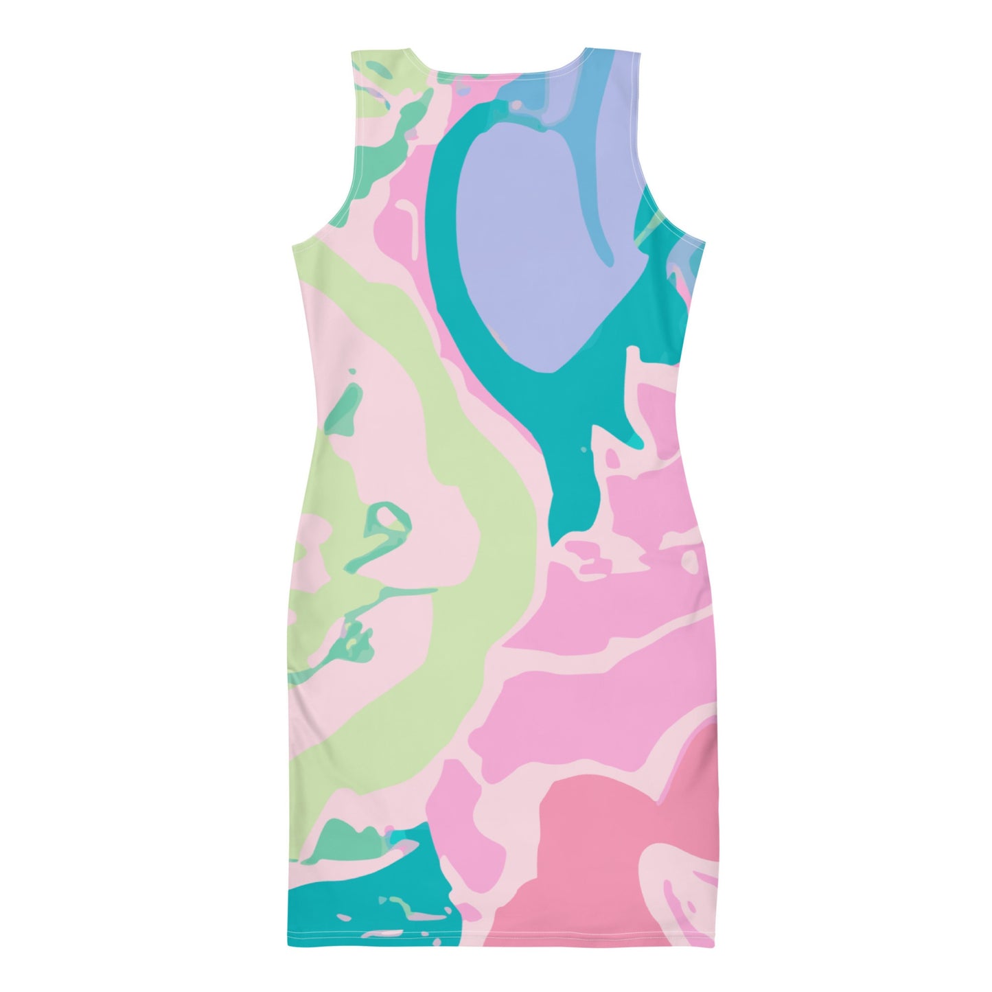 Flatlay of the back of a pink floral dress; a bodycon which features an abstract floral design in soft pinks, greens, and blues.