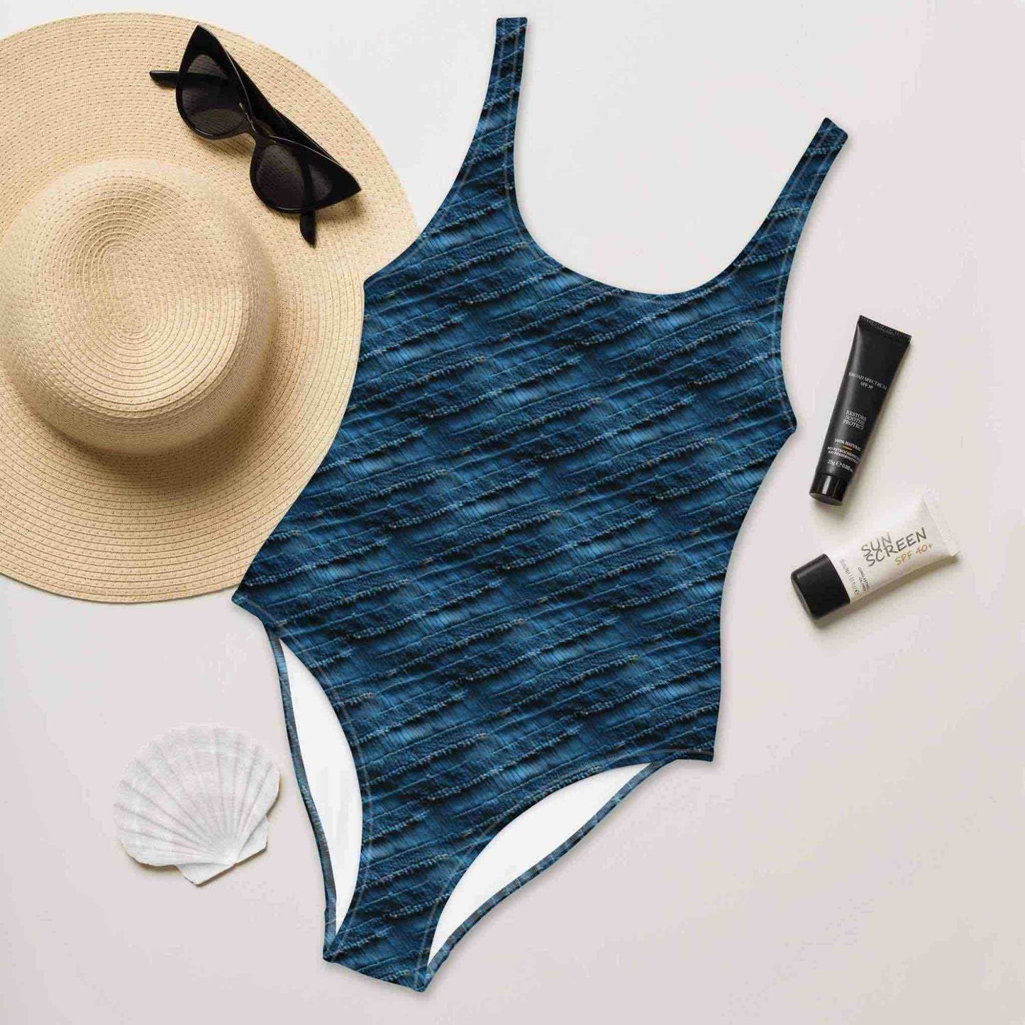 Flatlay of a blue pattern swimsuit (one piece)Blue pattern swimsuit (one-piece) which features a chic denim print with subtle stripes, front facing up, creating a flattering, slimming effect, surrounded by a straw hat, sunglasses, sea shore and sunscreen lotions.