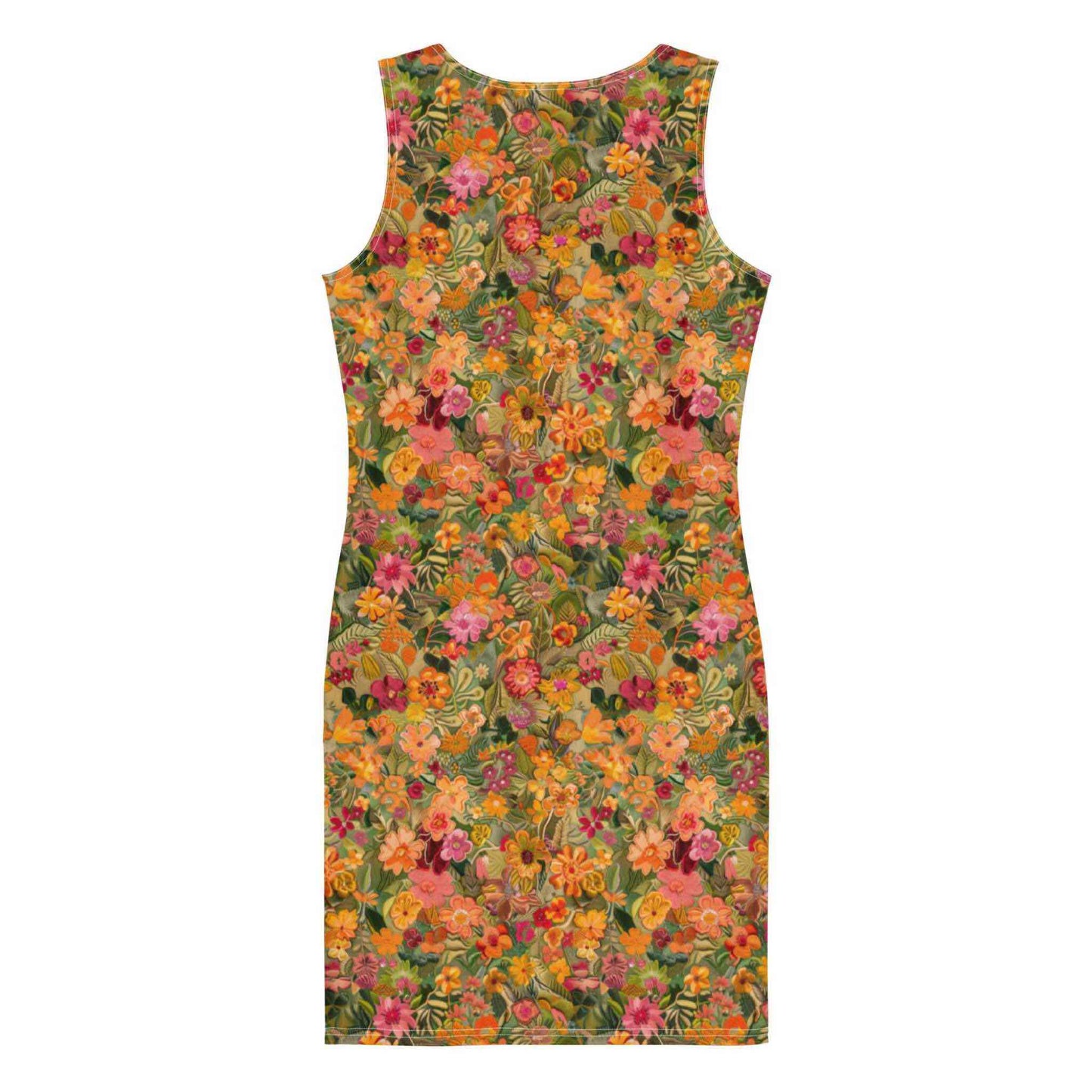Flatlay of the back of a sleeveless bodycon dress which features an anstract floral design in primarily orange shade.