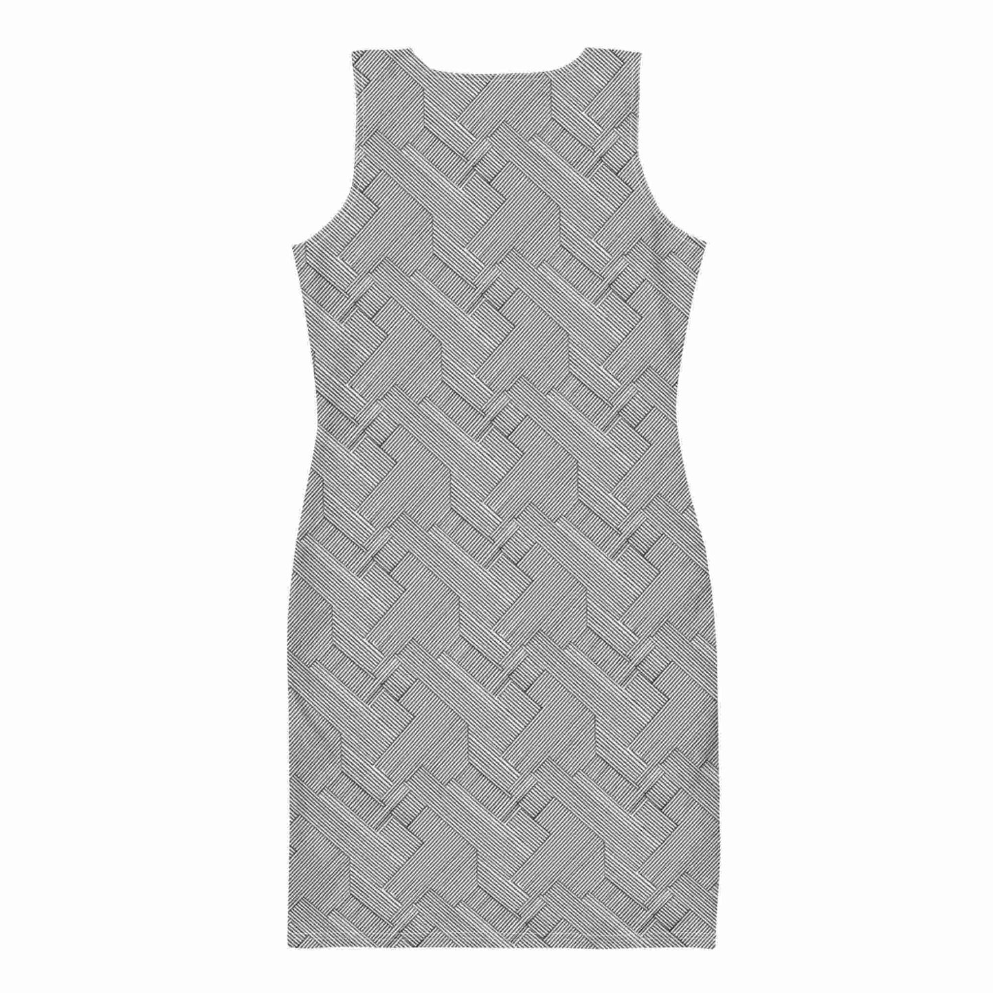 A flatlay of the back of a grey bodycon dress which features an elegant grey herringbone pattern
