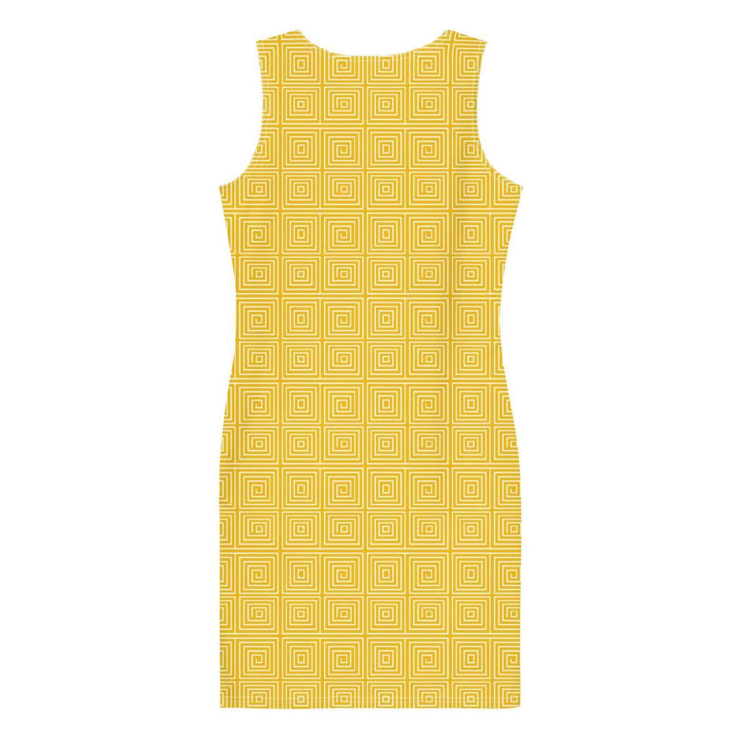 A flatlay of the back of a yellow and white bodycon dress which features an elegant and artsy yellow and white op art illusion pattern.