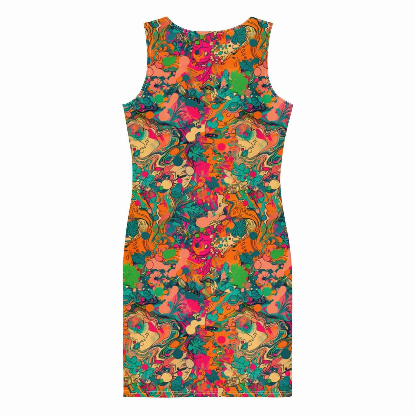 Flatlay of the back of a sleeveless tropical floral bodycon dress.