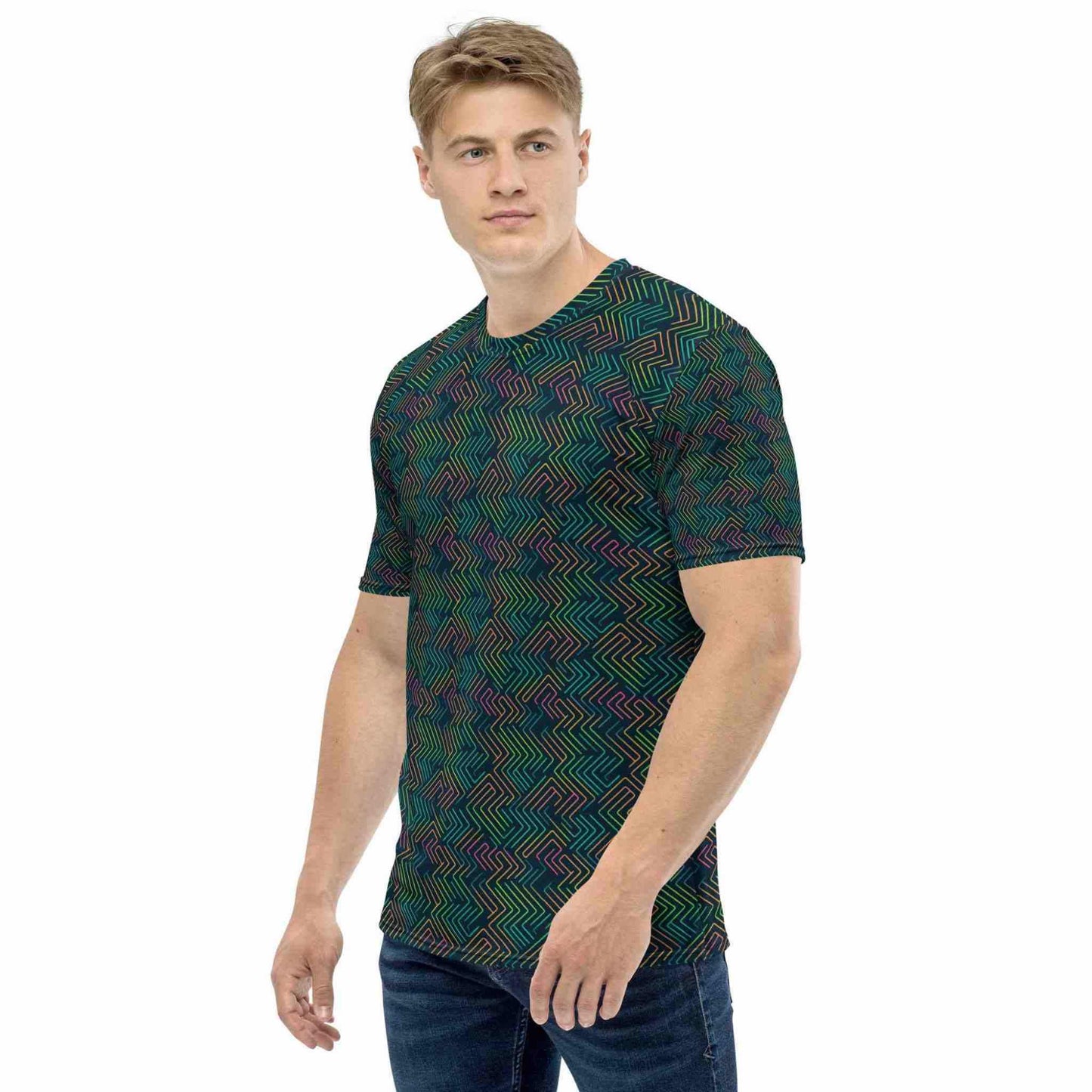 Cool T shirt design featuring a dark green neon pattern, which is geekish yet athletic and confident, worn by a man standing with his body tilted to his left. White background.