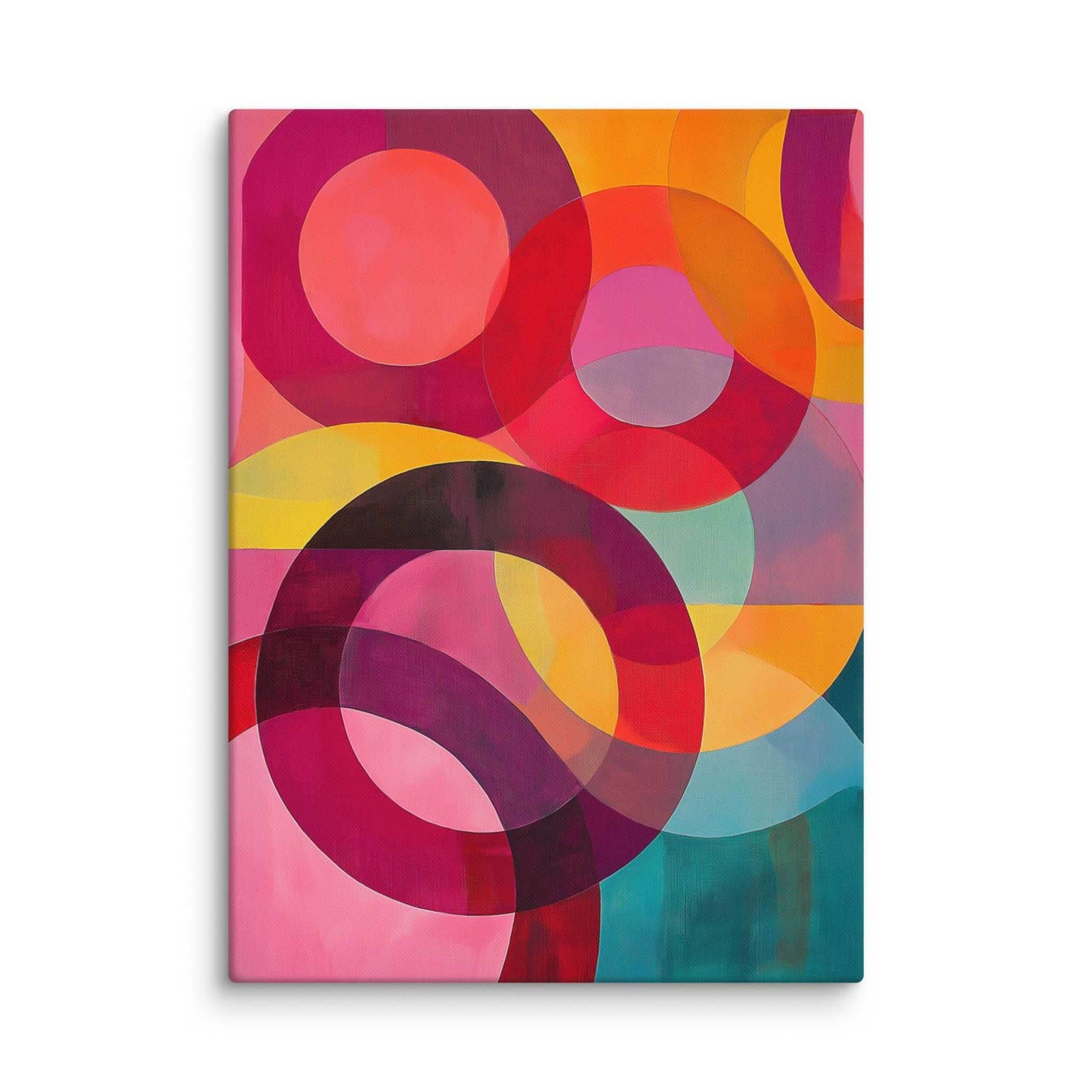 A captivating circular abstract painting featuring vivid reds, pinks, oranges, teal and gold, in 40x55 inches dimension.