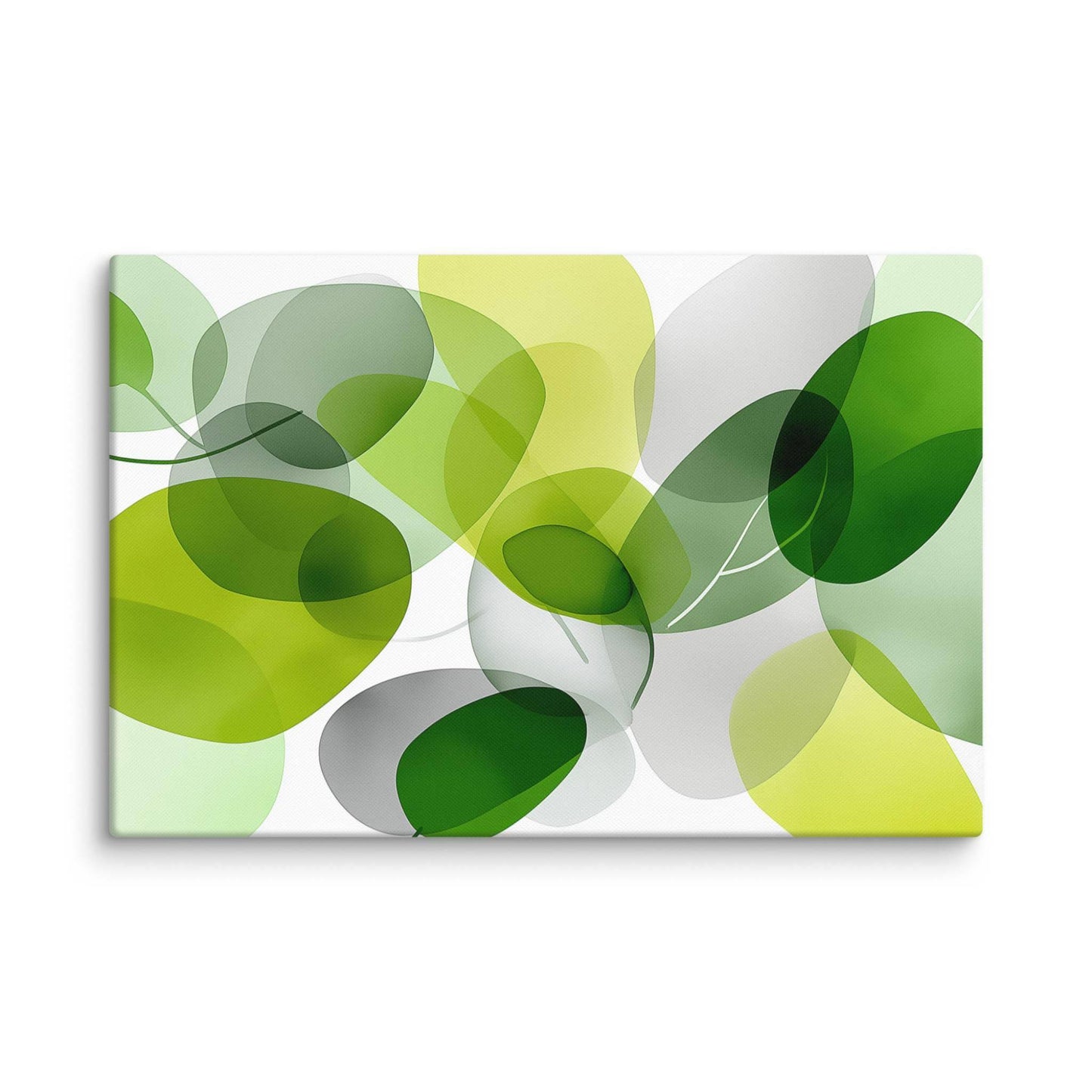 Modern botanical artwork features layered, translucent green and chartreuse organic shapes for a lush, sophisticated feel on canvas. 40x60in landscape.