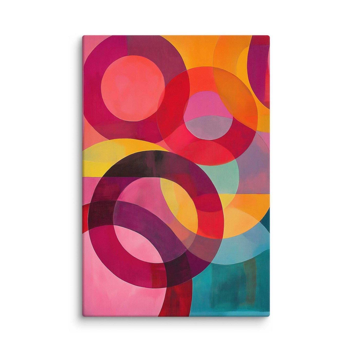 A captivating circular abstract painting featuring vivid reds, pinks, oranges, teal and gold, in 40x60 inches dimension.